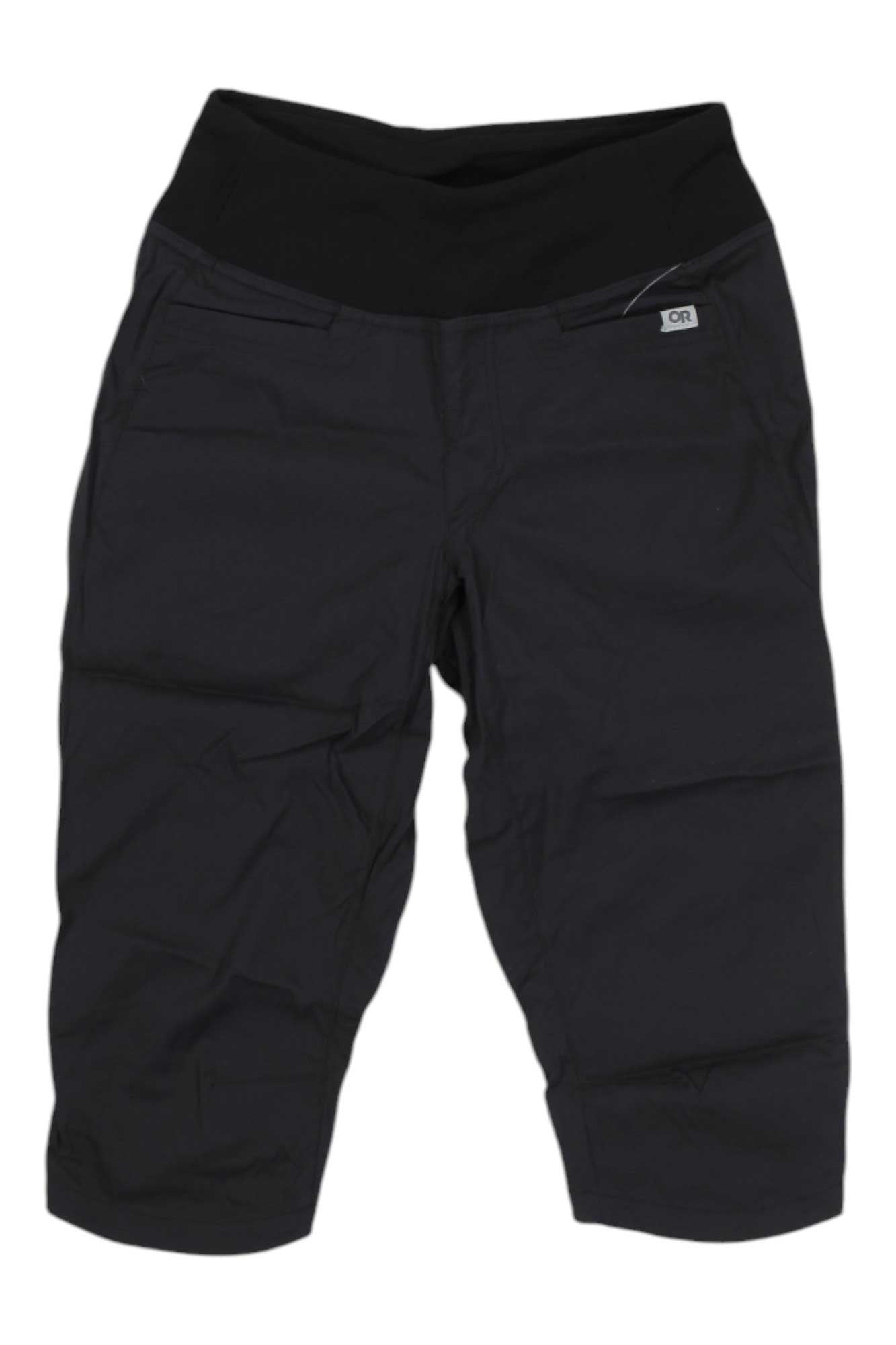 The Outdoor Research Womens Zendo Capri is a pair of black, knee-length hiking pants for women featuring a wide waistband and two front pockets, shown against a white background.
