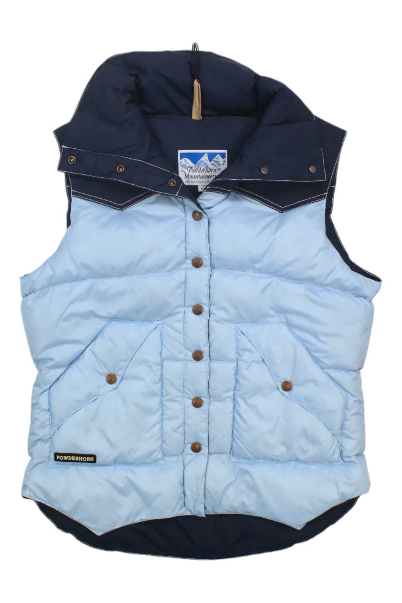 The Powderhorn Womens The Original Vest in light blue features a navy collar and hood, brown buttons, two front pockets, and a branded label—combining classic mountaineering style with warmth.