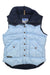 The Powderhorn Womens The Original Vest in light blue features a navy collar and hood, brown buttons, two front pockets, and a branded label—combining classic mountaineering style with warmth.
