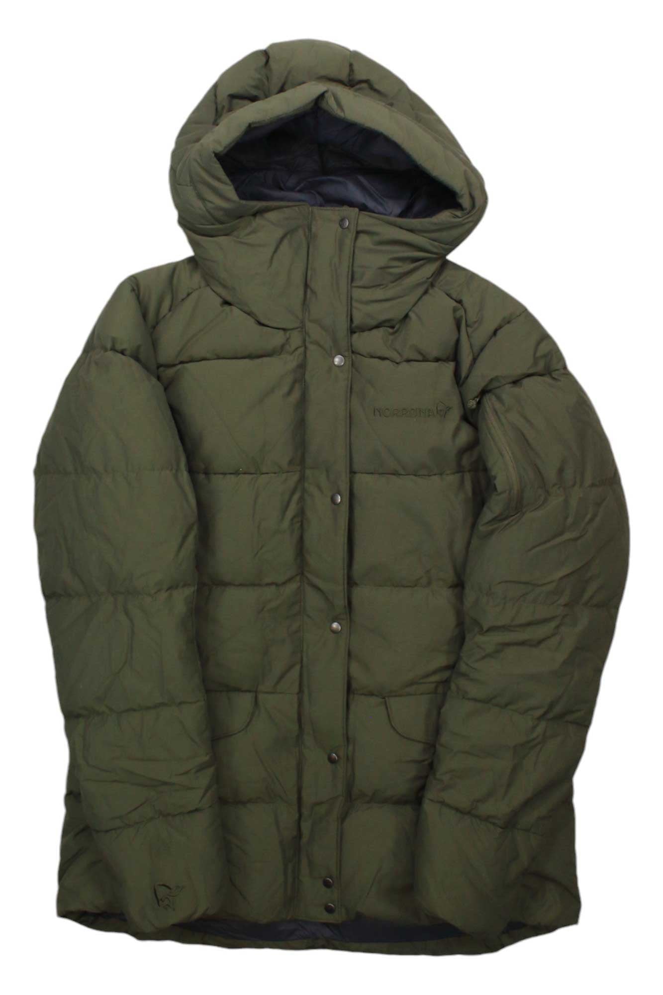 Women’s hooded down jacket, olive green, button-front, quilted baffle stitch