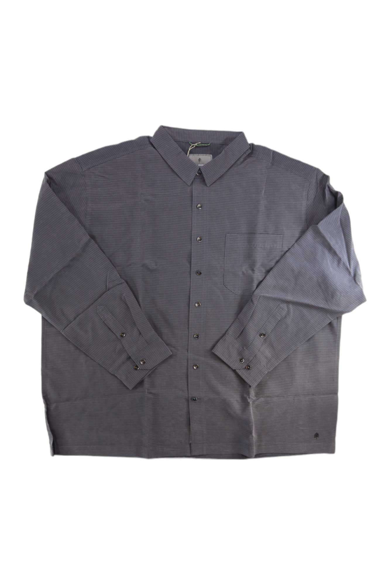 The Royal Robbins Men's Desert Pucker Dry LS Shirt is a long-sleeve, button-up gray shirt with a collar and single chest pocket, made from quick-drying fabric. Displayed laid flat on a white background.