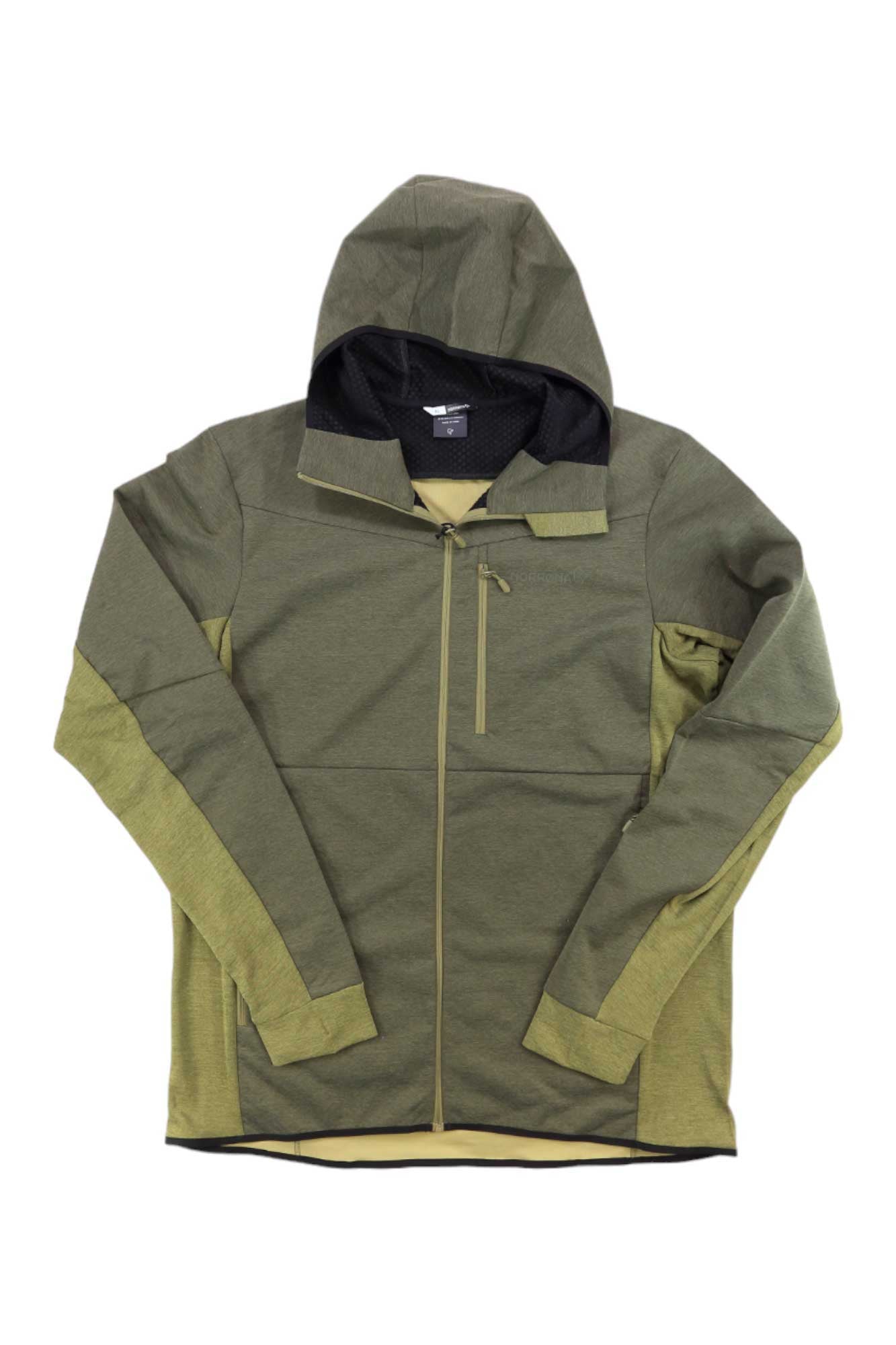 Norrona Men's Falketind Warm2 Octa Hood in olive green, featuring a front zipper, long sleeves, and a zippered chest pocket, shown laid flat on a white background.