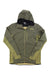 Norrona Men's Falketind Warm2 Octa Hood in olive green, featuring a front zipper, long sleeves, and a zippered chest pocket, shown laid flat on a white background.