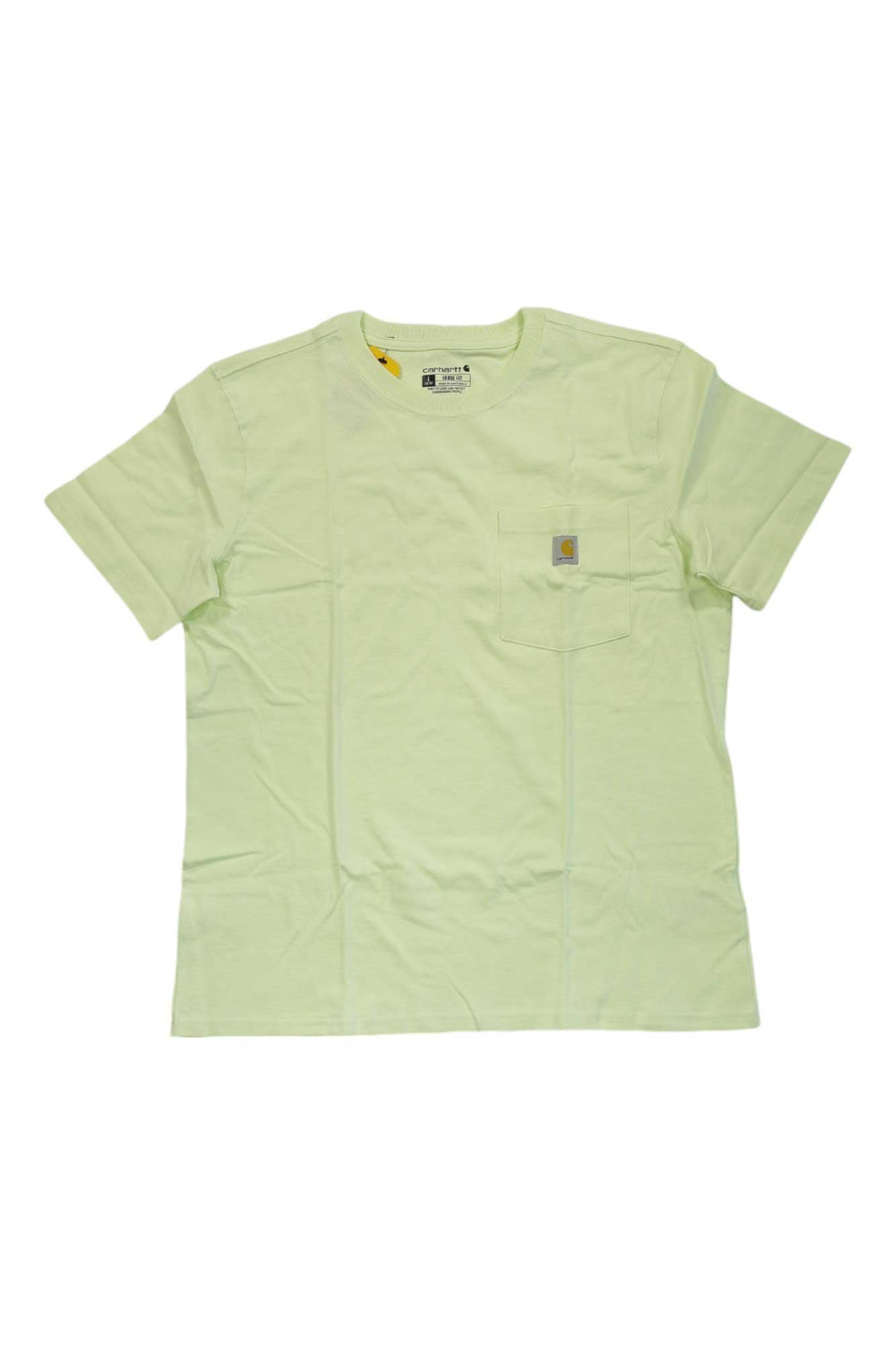 The Carhartt Womens WK87 Workwear Pocket SS T-Shirt is a light yellow, short-sleeve shirt with a chest pocket and small square logo patch, shown laid flat on a white background.