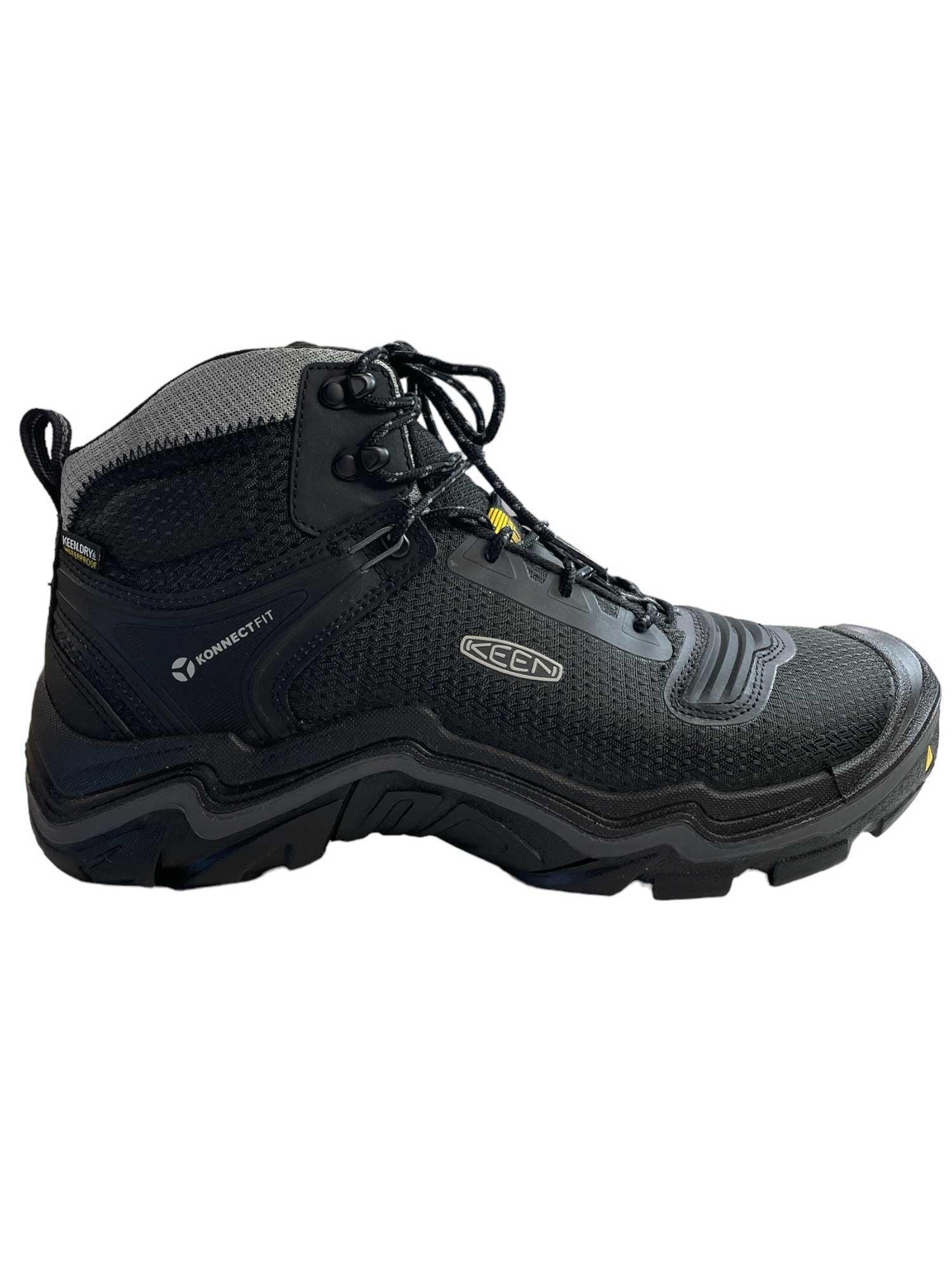 Men's mid waterproof lace-up boot in dark black with KEEN badge and grippy outsole
