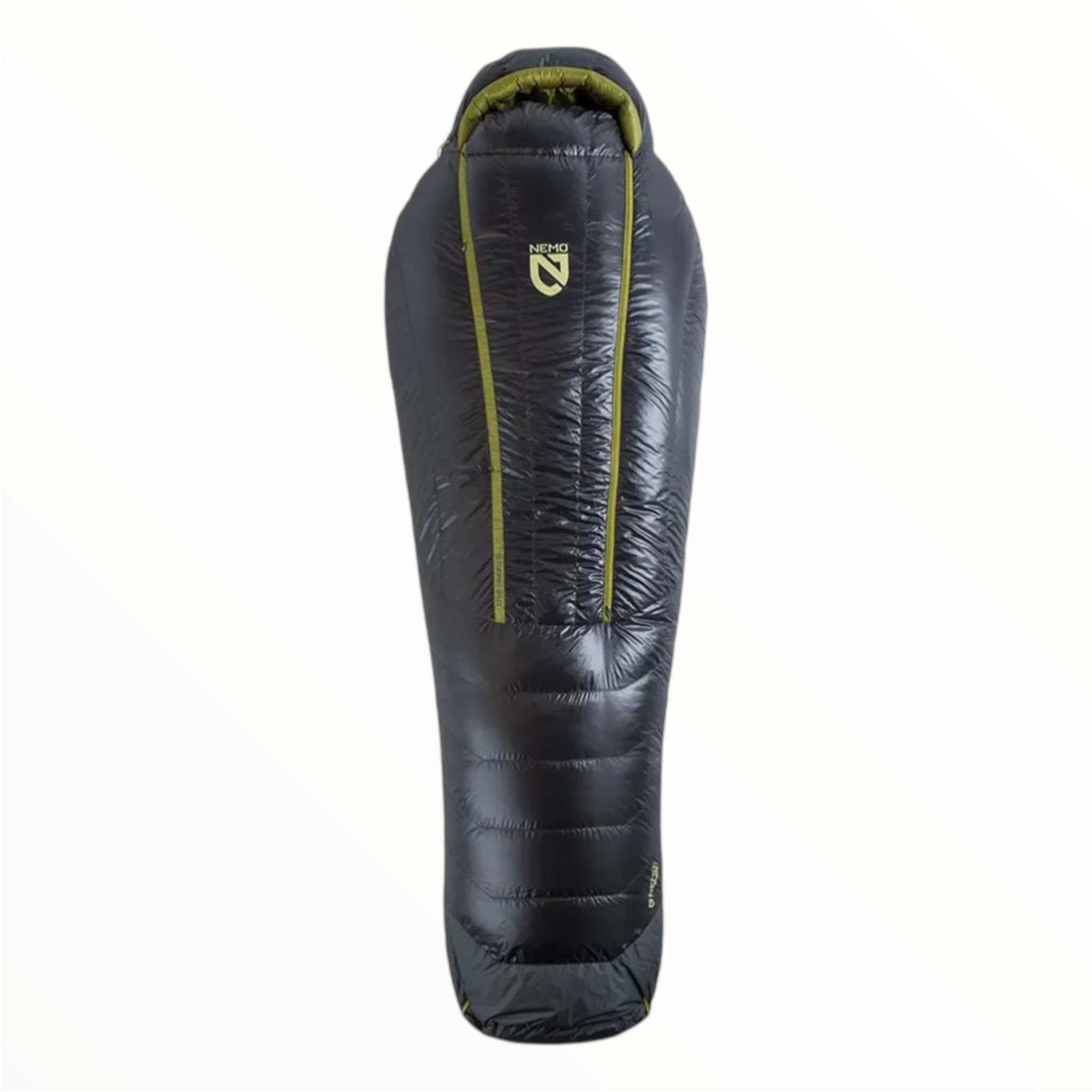 The Nemo Coda 10/20 Endless Promise Sleeping Bag is shown standing upright on a white background. This black, ultralight mummy bag features green accents, a hood, and the NEMO logo near the top.