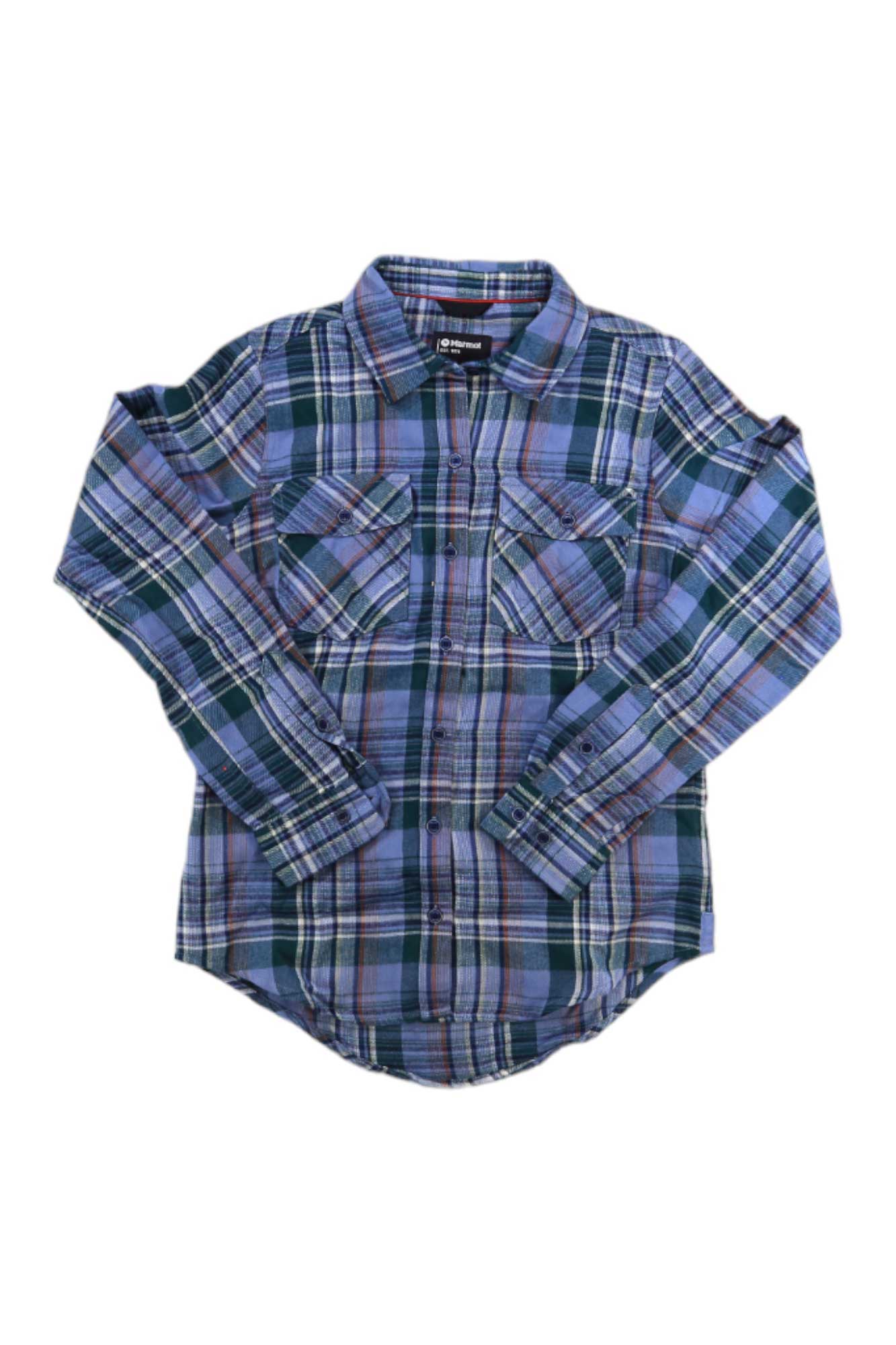 The Womens Bridget Midweight Flannel Long-Sleeve Shirt, featuring blue, green, and purple plaid and two chest pockets, is laid flat on a white background. Made from recycled polyester for comfort and sustainability.