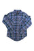 The Womens Bridget Midweight Flannel Long-Sleeve Shirt, featuring blue, green, and purple plaid and two chest pockets, is laid flat on a white background. Made from recycled polyester for comfort and sustainability.