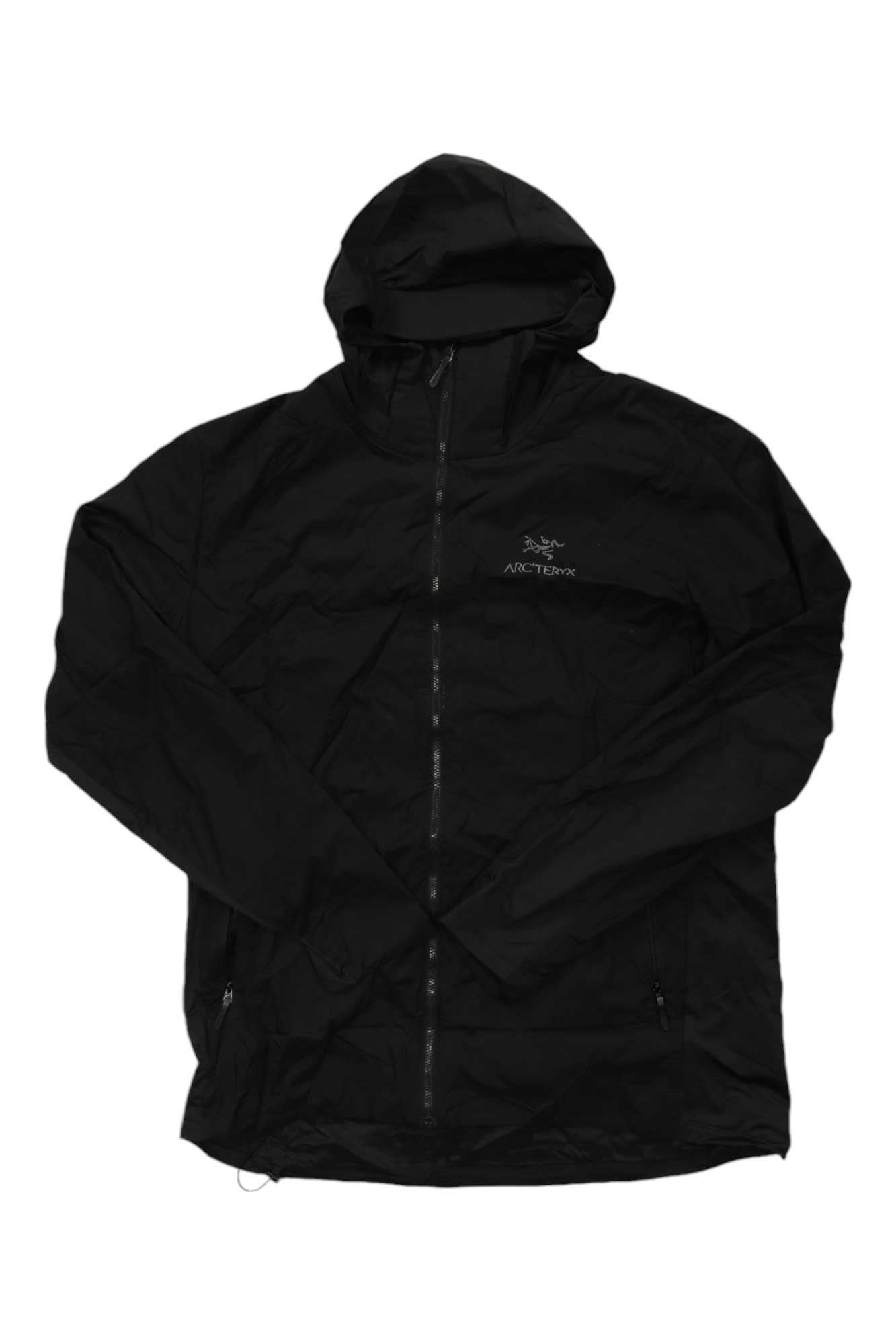 The Arc'teryx Atom SL Hoody is an ultralight black jacket featuring a front zipper, the Arc'teryx logo on the left chest, and long sleeves. Laid flat, it displays two zippered side pockets. Designed with synthetic insulation, this jacket delivers lightweight warmth without extra bulk.