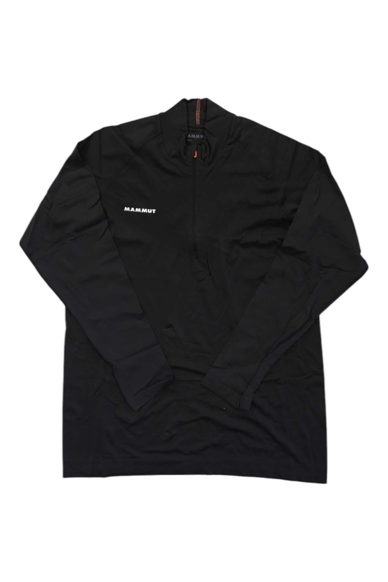 A black Mammut Mens Trift Half Zip Longsleeve Shirt with a quarter-zip front and white MAMMUT logo on the left chest is displayed flat on a white background.