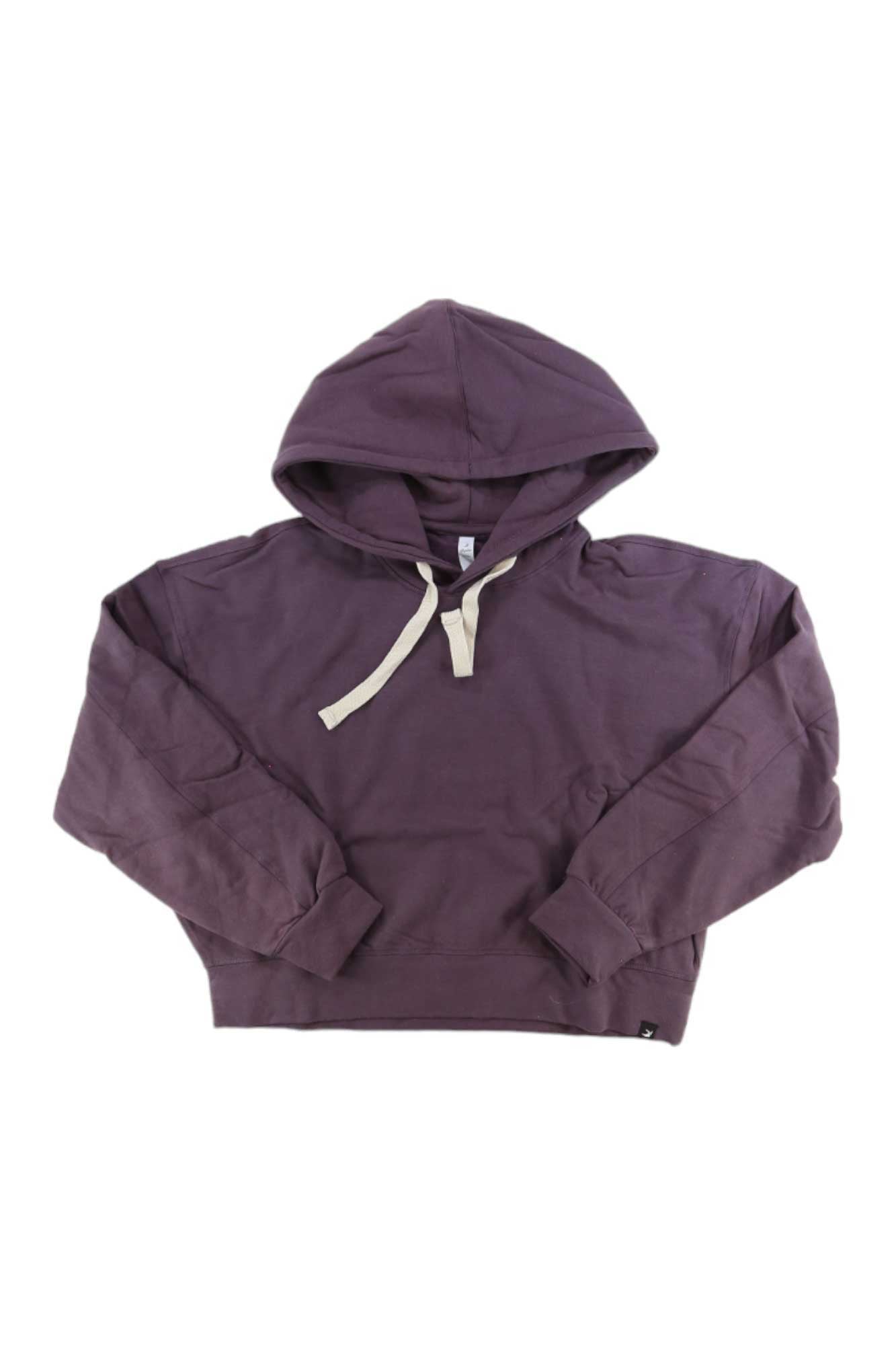 The Glyder Womens Vintage Oversized Cropped Hoodie in purple features ultra soft fabric, a front pocket, and white drawstrings, perfect for athleisure. Shown laid flat on a white background.