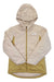 The North Face Girls Freedom Insulated Jacket is a light beige and tan, eco-friendly jacket with a front zipper, long sleeves, and The North Face logo on the left chest.