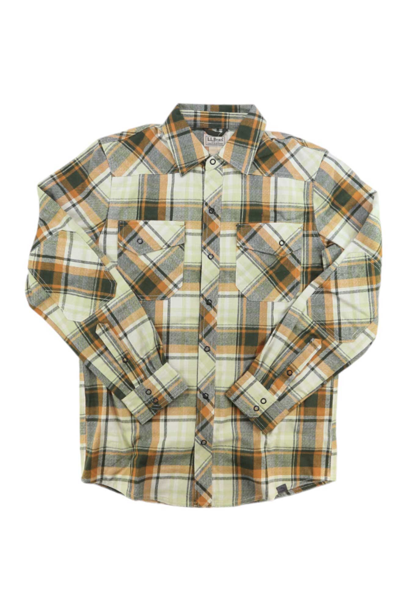 The L.L.Bean Men’s Katahdin Performance Flannel Plaid Shirt is a long-sleeve button-up featuring green, orange, yellow, and white plaid with two chest pockets—designed for style and comfort.