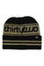 The Thirty Two Double Beanie is a black ribbed knit beanie with tan stripes, "thirtytwo" knitted in tan on the front, and a black-and-white logo tag. Made from recycled acrylic for eco-friendly style.