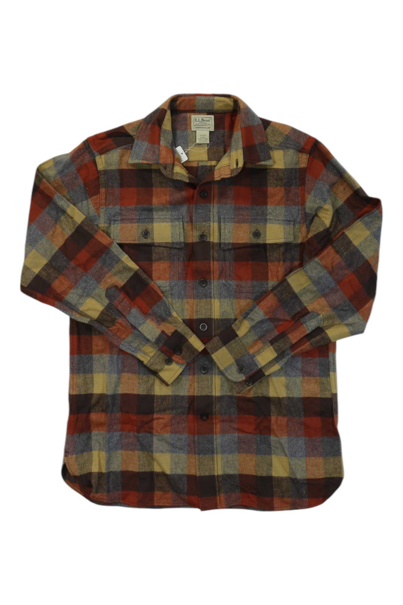 The L.L.Bean Men's Chamois Plaid Shirt is a long-sleeve, button-up shirt with a collar and chest pockets, featuring a classic plaid design in red, yellow, gray, and black.