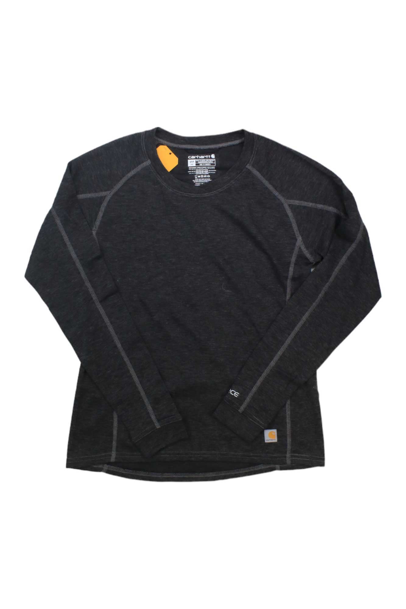 The Carhartt Womens Base Force Heavyweight Poly-Wool Crew is a long-sleeve, dark gray, moisture-wicking base layer with visible stitching, a small logo patch near the hem, and a yellow tag at the neckline.