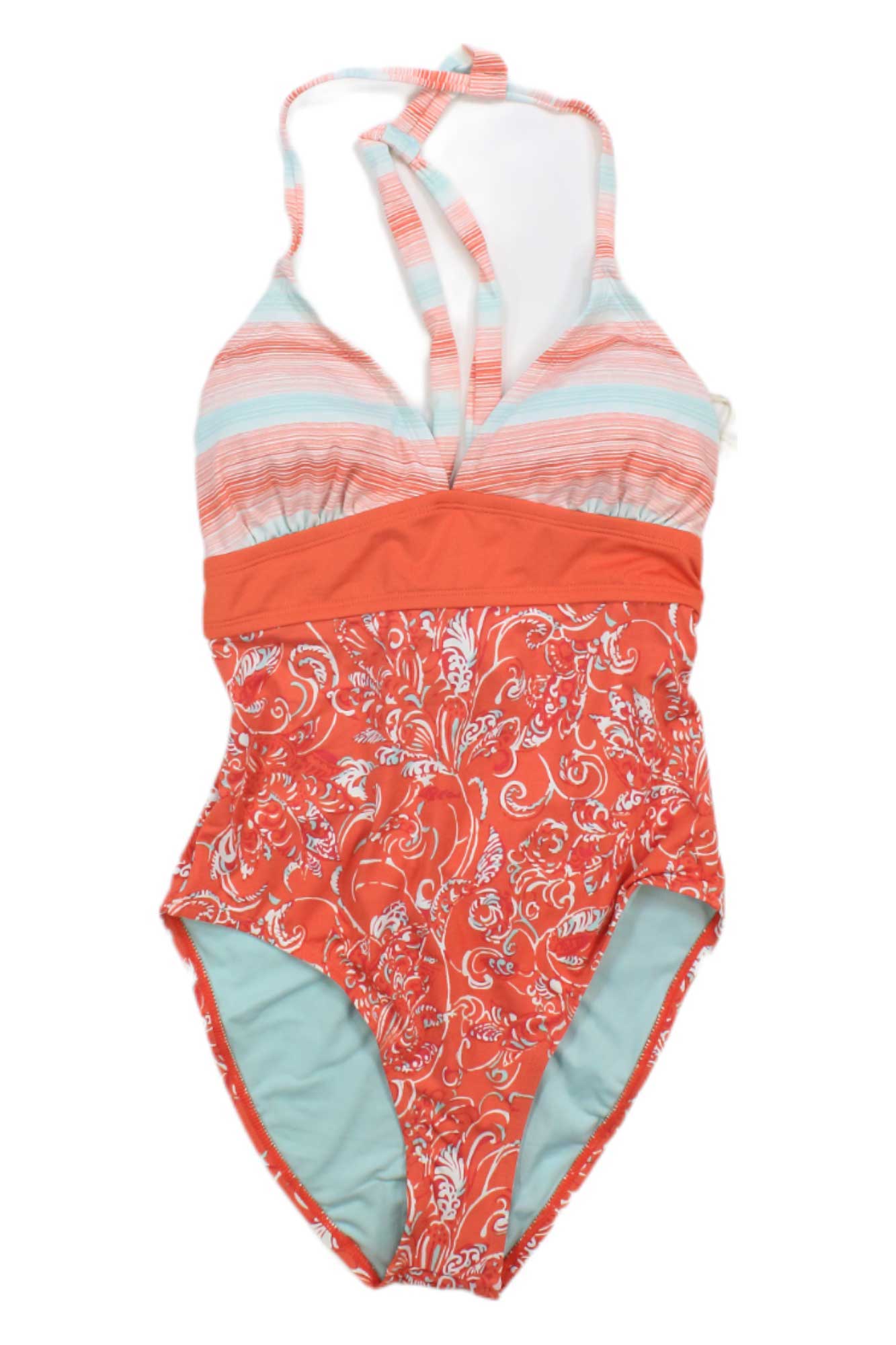 The Carve Designs Womens Dahlia One Piece features a striped pastel halter top, solid orange band, and floral swirl bottom. Includes adjustable straps, light blue lining, and sun-protective fabric for comfortable, safe wear.