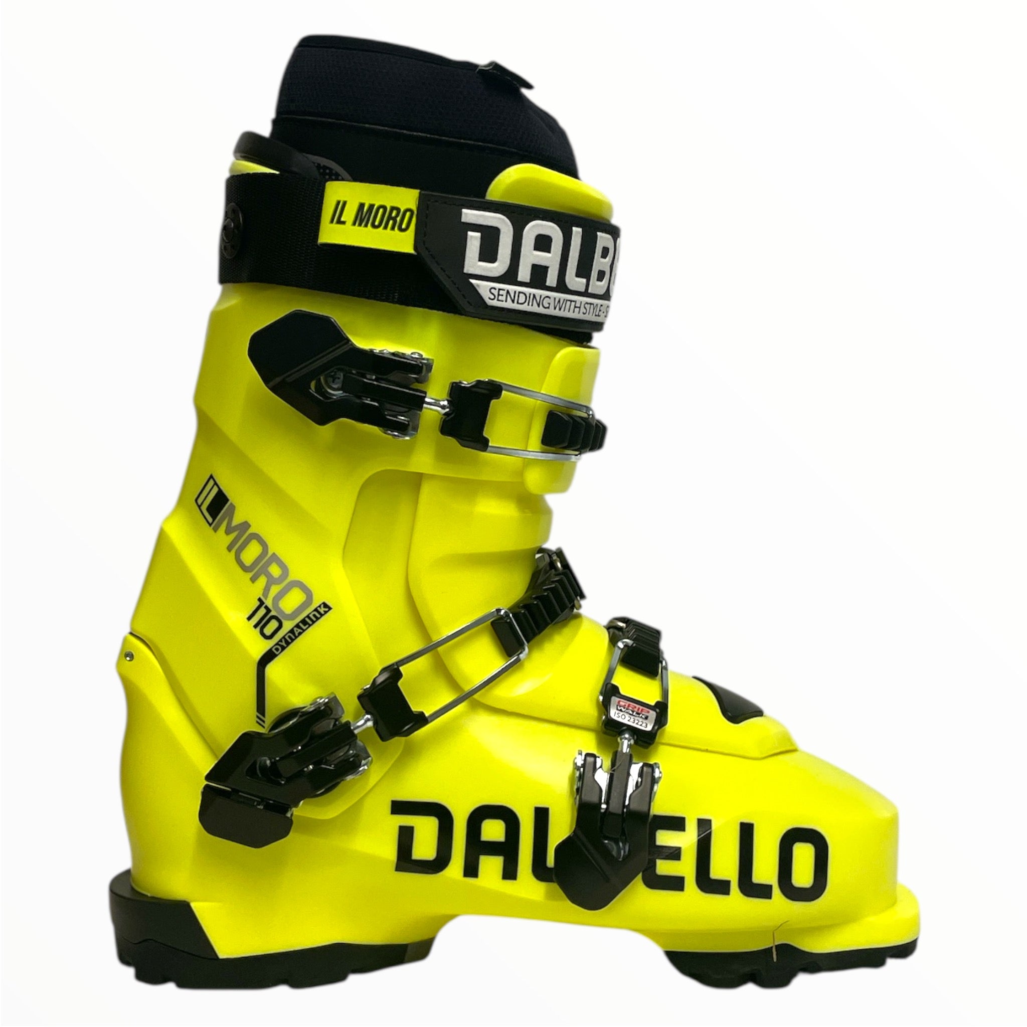 The Dalbello IL Moro 110 3DWrap Ski Boots shine in bright yellow with black buckles and straps, bold branding, a high cuff, and the signature Cabrio design—engineered for freestyle alpine skiing.