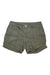 The Mountain Hardwear Women's Active Shorts in olive green feature front pockets, button and zipper closure, visible stitching, and a moisture-wicking finish, shown laid flat on a white background.