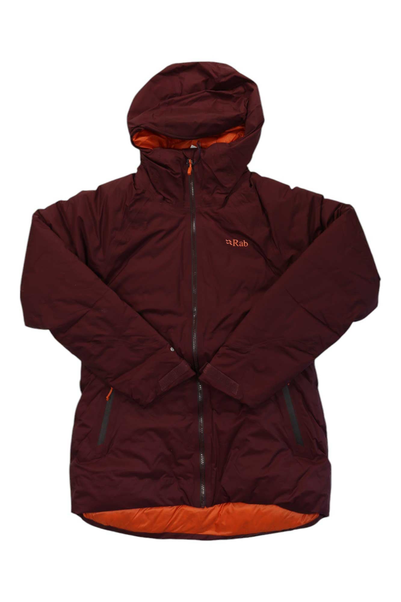 Women's burgundy hooded jacket with full-zip front and orange hem panel