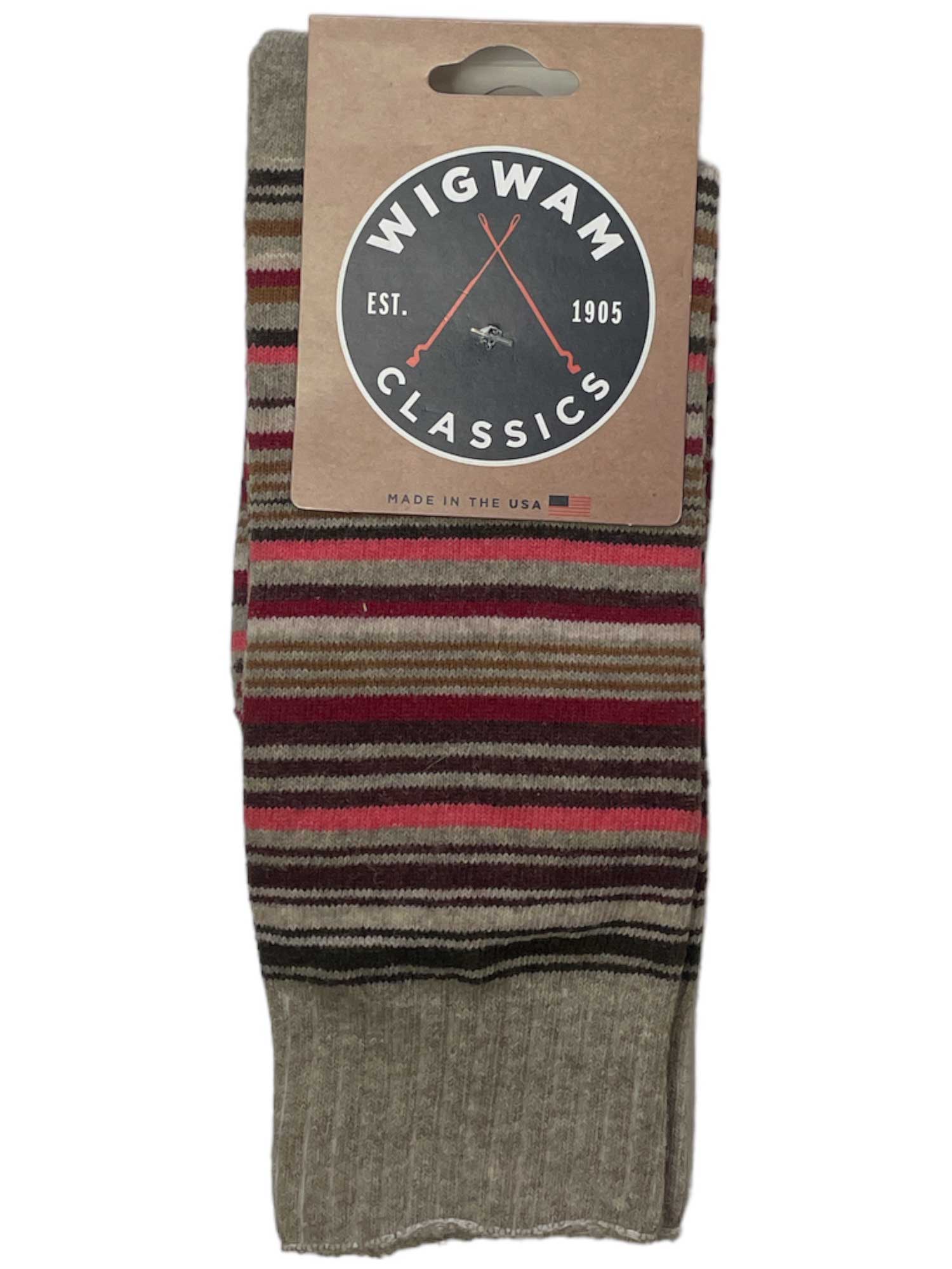 A pair of Wigwam Inline Socks with horizontal stripes in brown, beige, and red, packaged with a Wigwam logo label reading “Est. 1905” and “Made in the USA.” Perfect men's casual socks for everyday comfort.
