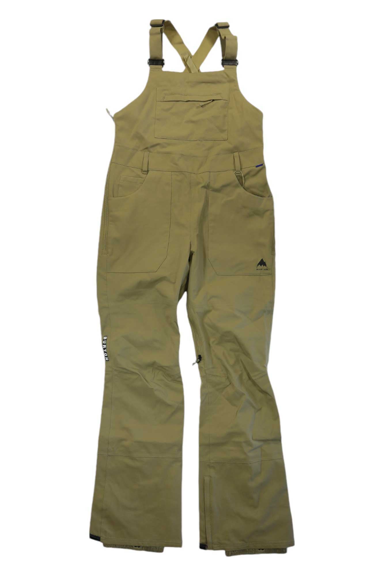 The Burton Womens Avalon Bib Pant features tan waterproof fabric, adjustable shoulder straps, a front chest pocket, side pockets, and flared legs—perfect for skiing or snowboarding.