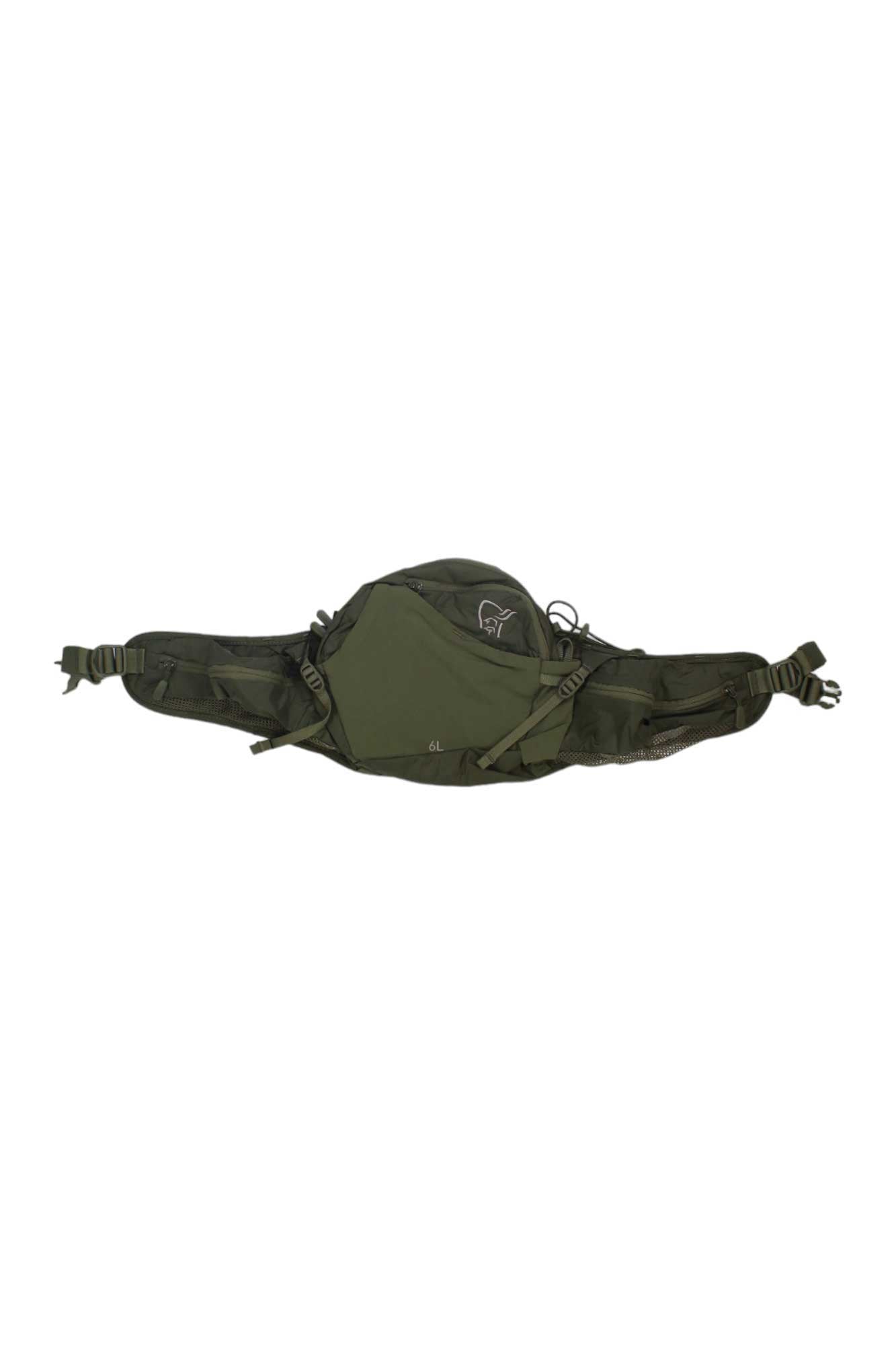 The Norrona Hip Pack in olive green features multiple zippered compartments, adjustable straps with buckles, and is made from durable Econyl material, shown on a white background.