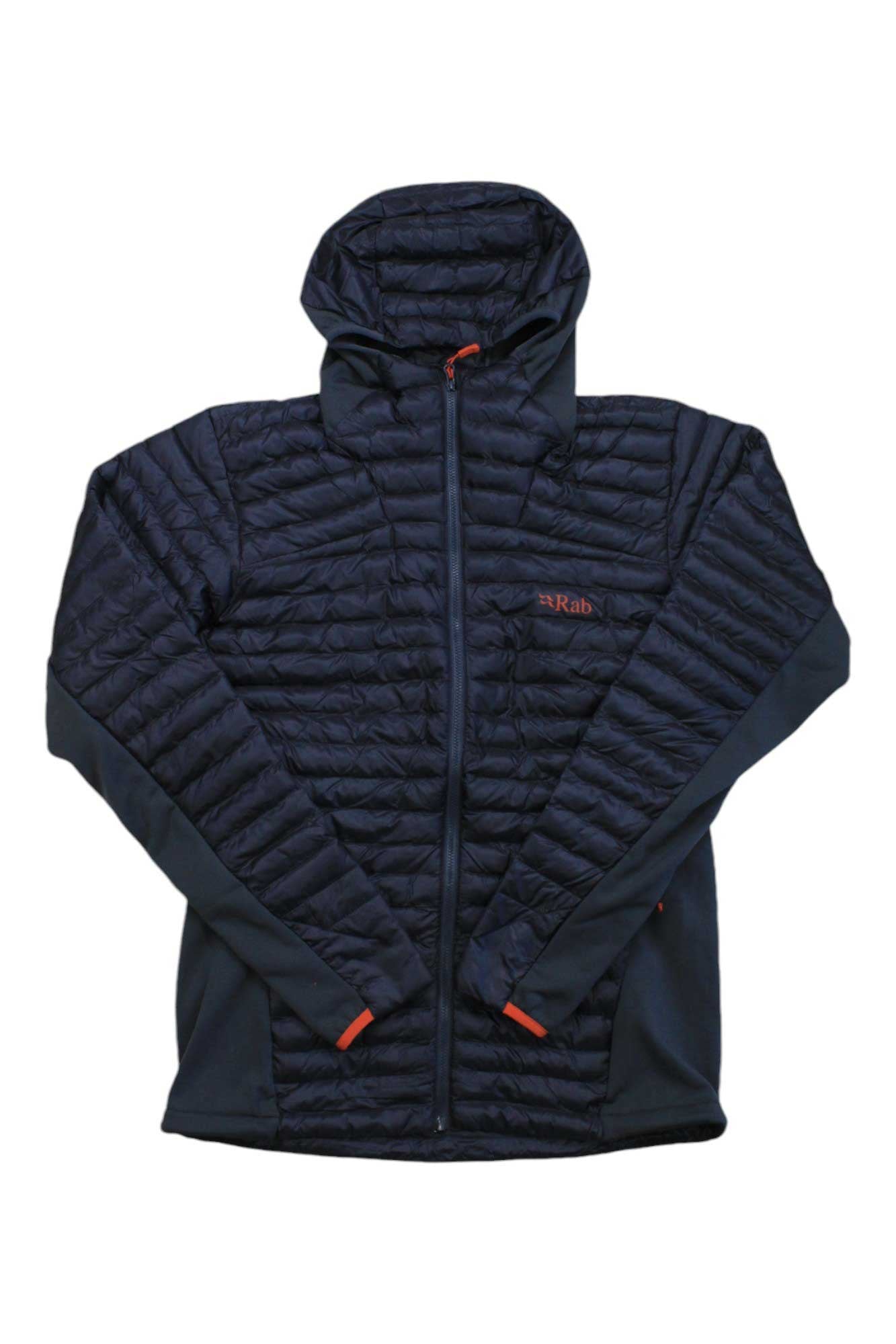 Men's navy hooded quilted puffer jacket, full-zip with orange zipper pulls