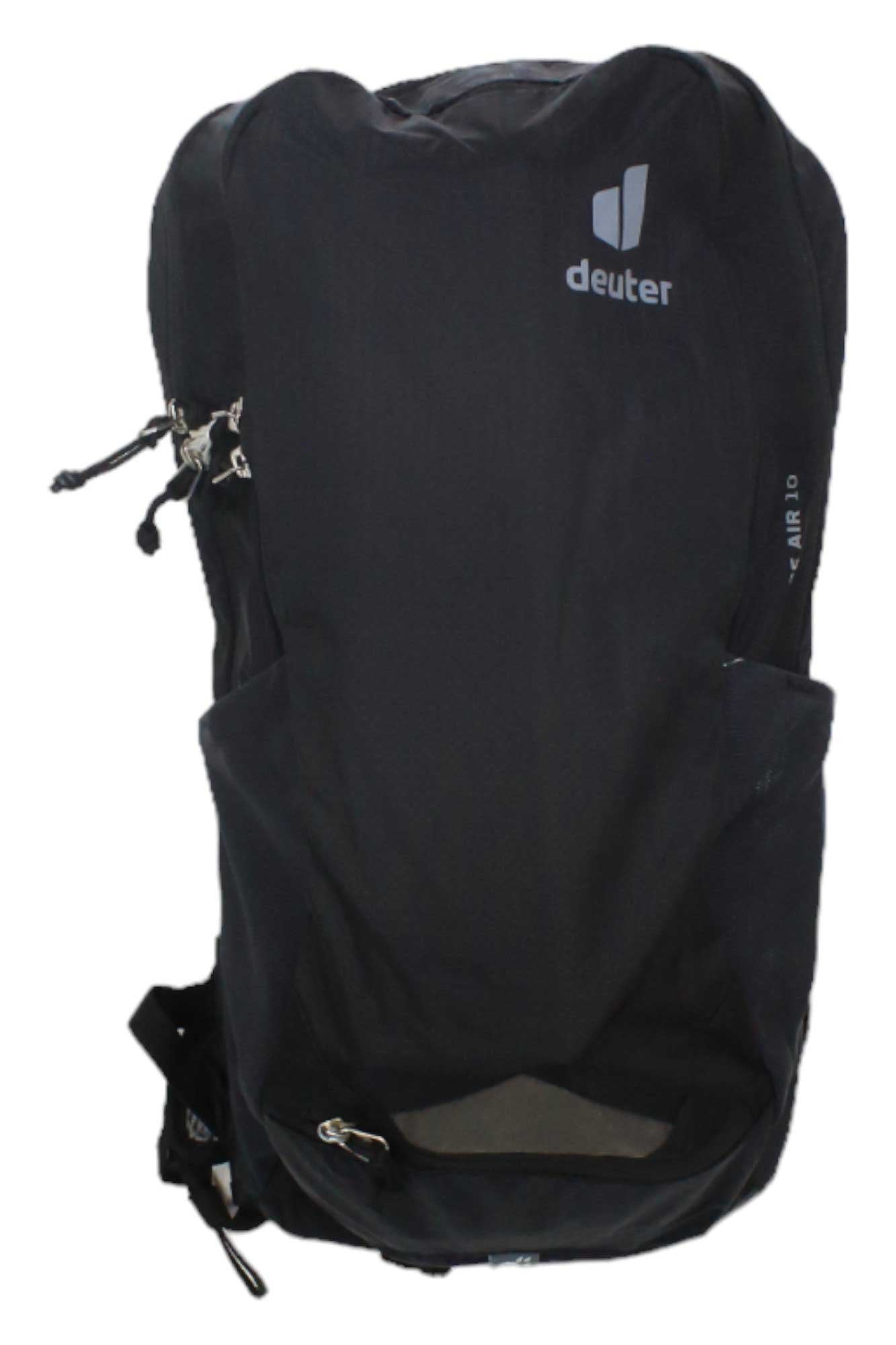 The Deuter Race Air 10 Pack is a black bike backpack featuring two side pockets, a zippered top section, the Deuter logo on the front, and hydration compatibility—ideal for mountain biking adventures.