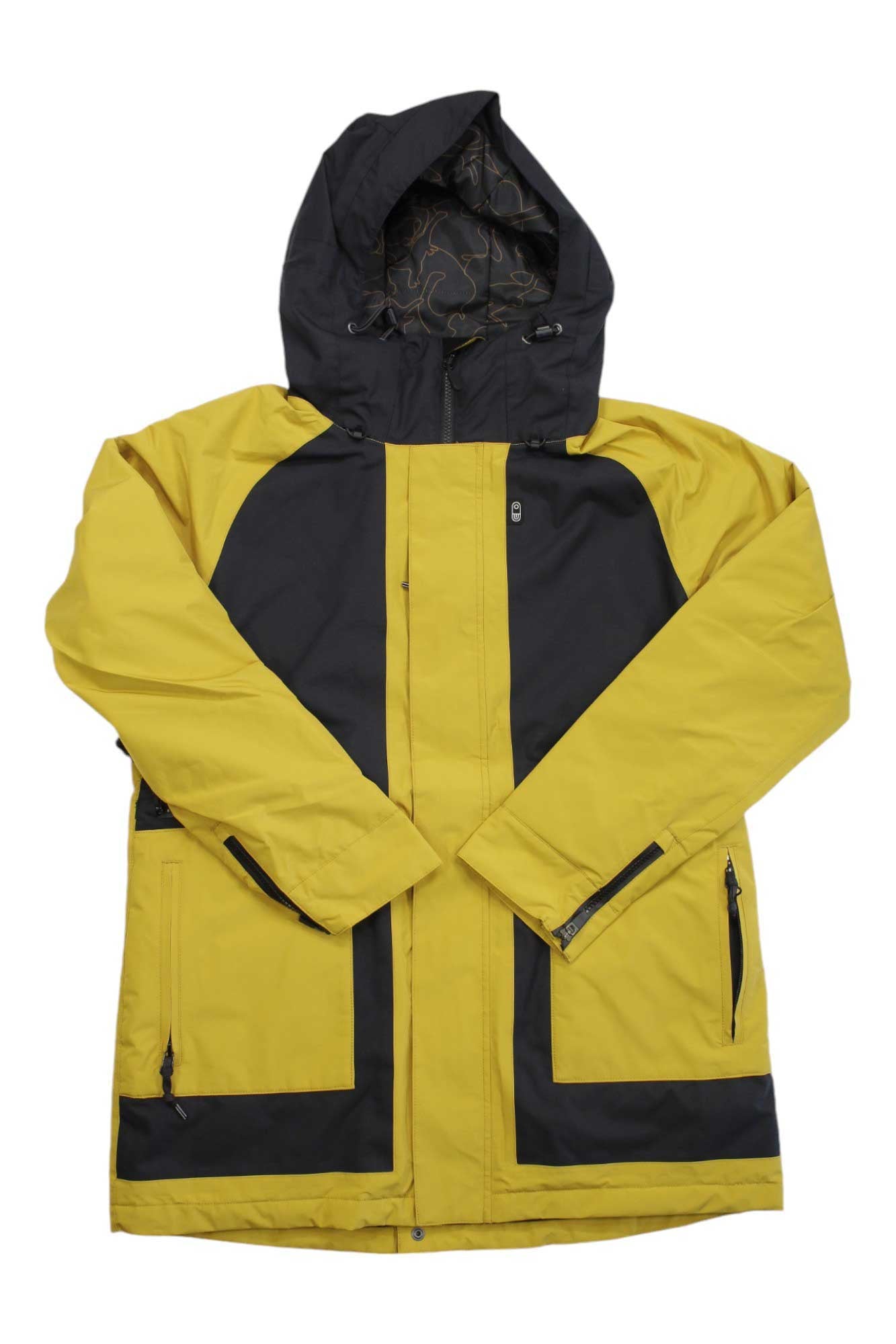 Airblaster women's storm cloak jacket with yellow sleeves, black front panel, hood, zip closure