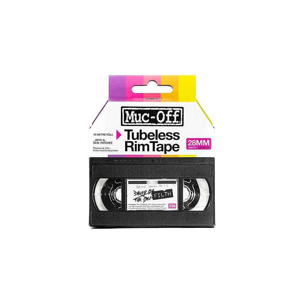A 10m roll of Muc-Off Rim Tape (28mm) with a cassette tape-themed box featuring bright pink and yellow on white—ideal for mountain biking and ensuring an airtight seal.