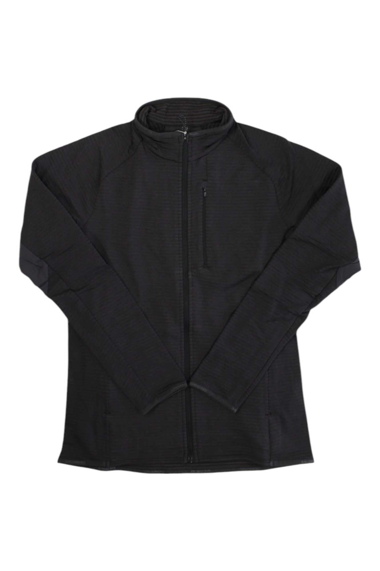 A black Salomon Womens Essential LT Warm Full Zip Jacket with long sleeves, high collar, and chest pocket is laid flat on a white background—a versatile fleece ideal for outdoor adventures.
