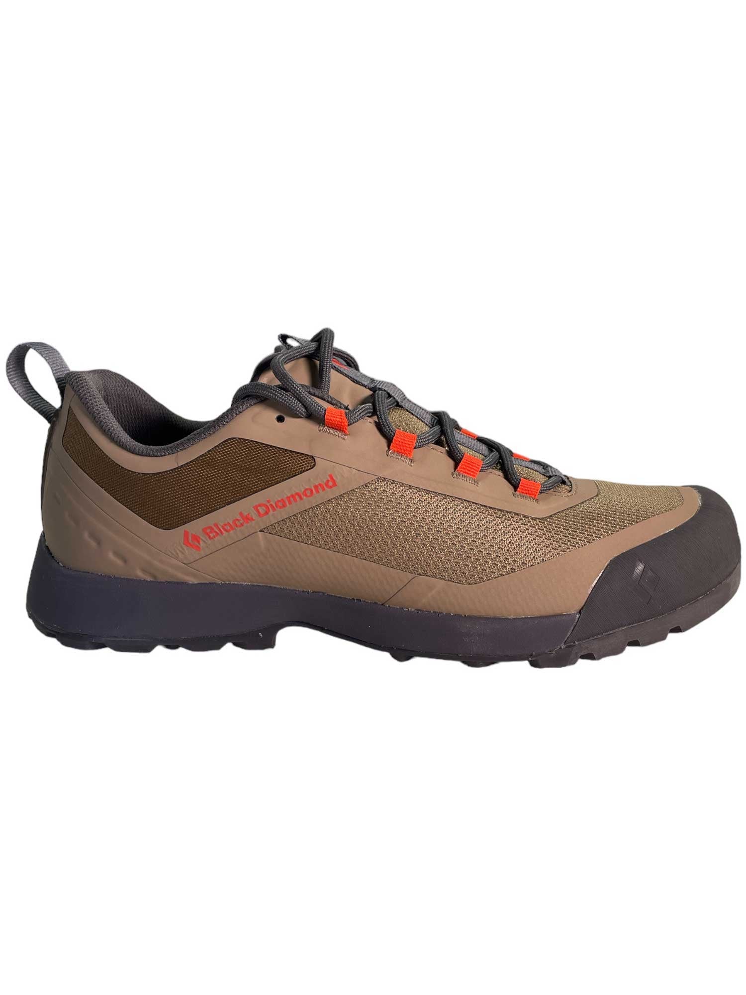 The Black Diamond Mens Mission LT 2 Approach Shoe features a brown and black design with orange lace loops and a side logo, making it ideal for hiking or trail activities.