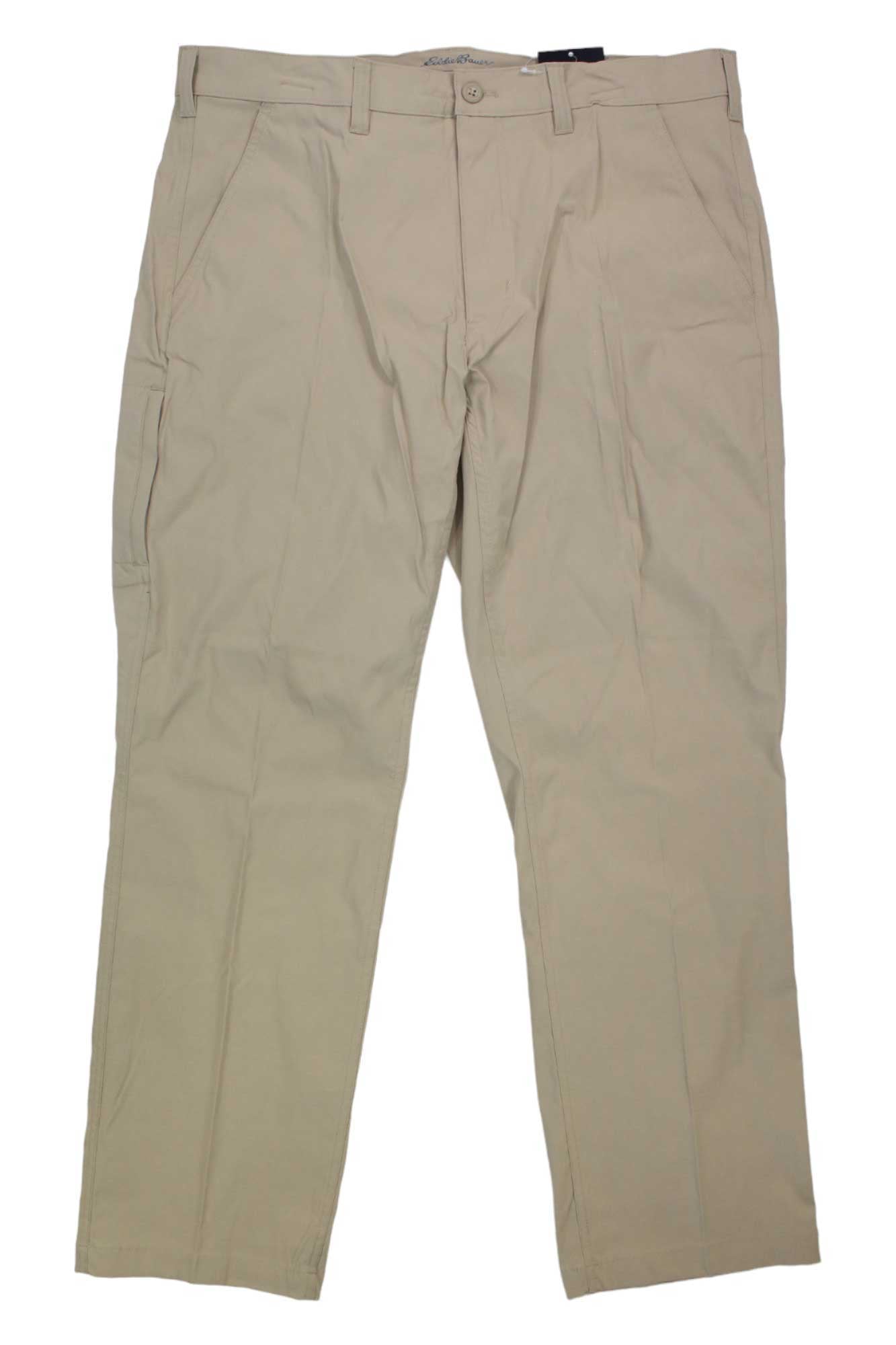 Eddie Bauer Travex Men's Horizon Guide Chino Pant in beige khaki, shown flat on a white background, features front pockets, belt loops, and a button waistband—perfect for travel thanks to their comfortable fit.