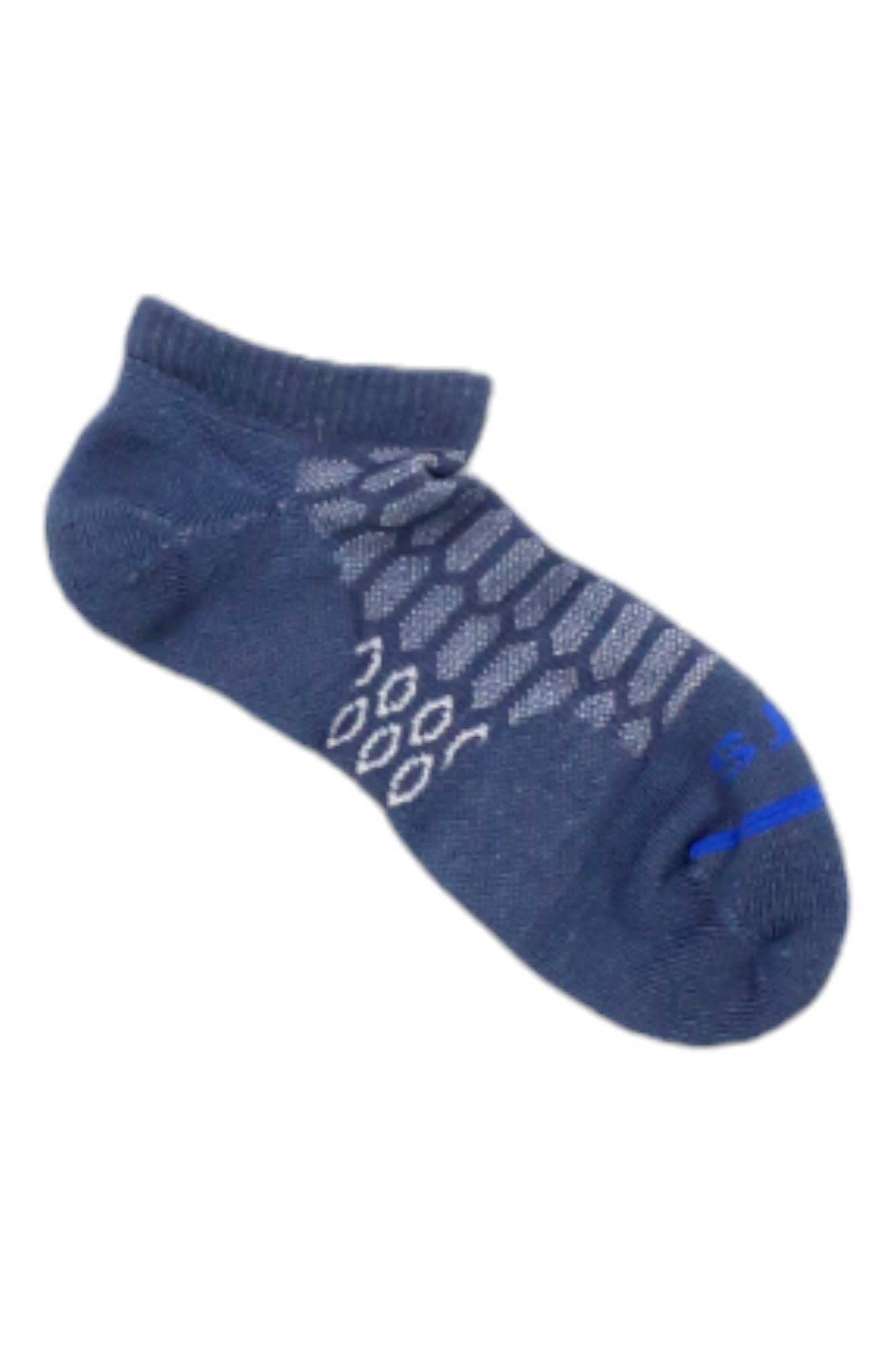 The Fits Mens Light Runner Low Heather Sock is a single dark blue merino wool running sock with light gray geometric patterns and a blue accent near the toe, designed for comfort and moisture wicking, shown on a white background.