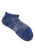 The Fits Mens Light Runner Low Heather Sock is a single dark blue merino wool running sock with light gray geometric patterns and a blue accent near the toe, designed for comfort and moisture wicking, shown on a white background.