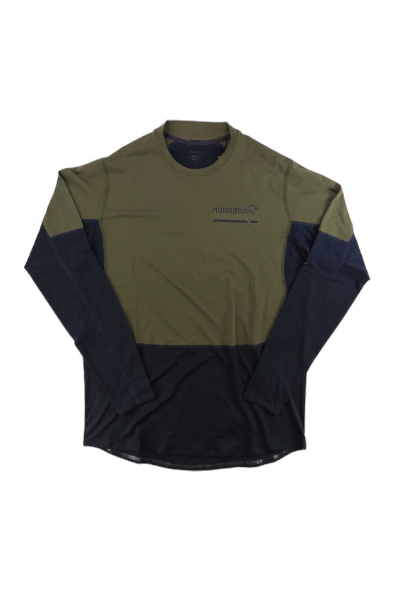 Men's lightweight long-sleeve top with crew neck, Norrona logo, olive green and navy.