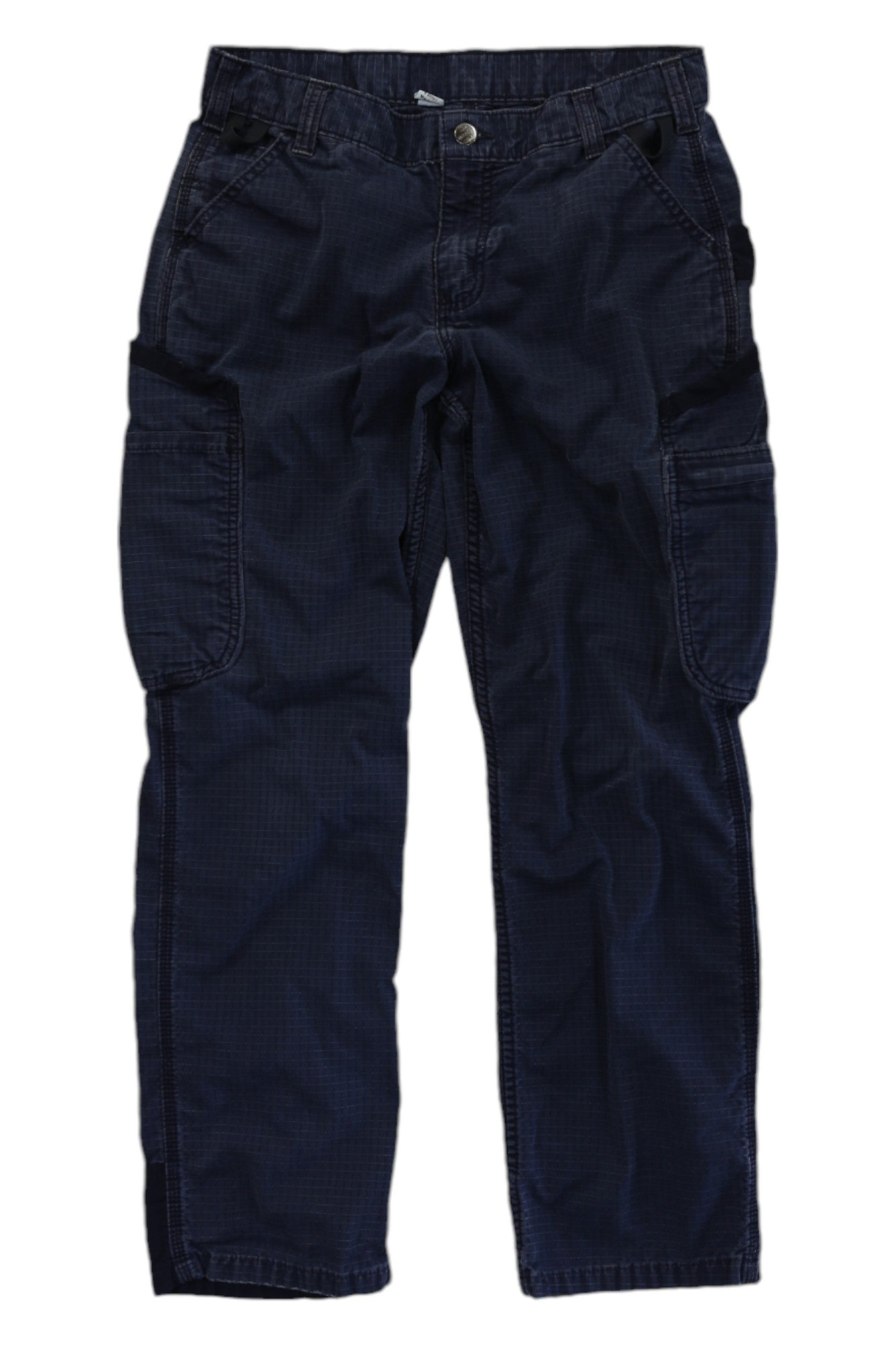 The Carhartt Womens Force Broxton Cargo Pant in dark blue, featuring multiple pockets, visible stitching, and a button waistband—laid flat on white—offers durable outdoor performance for demanding days.
