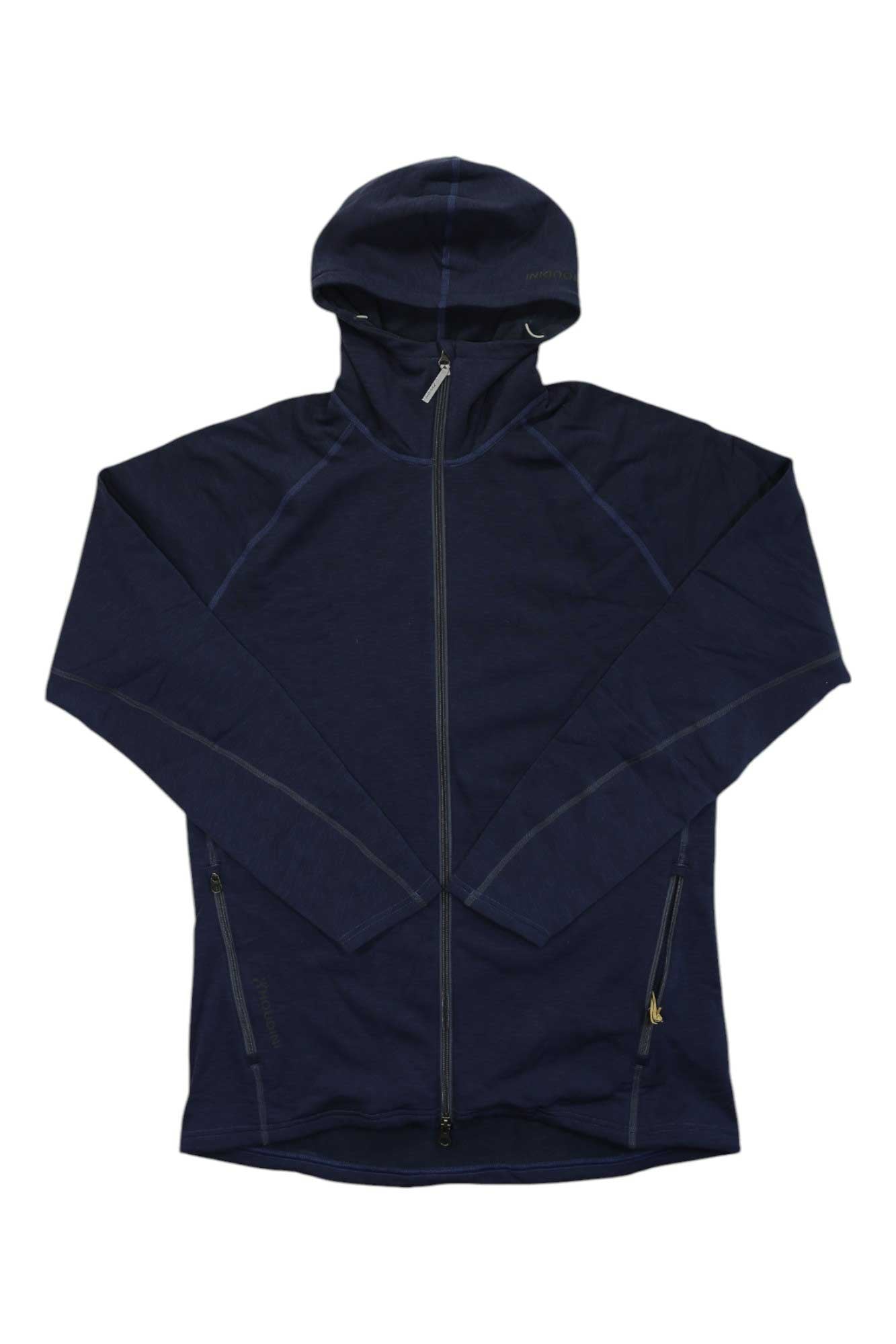 The Houdini Mens Outright Houdi, a navy blue hiking jacket with a full front zipper and two zippered side pockets, is displayed flat on a white background.