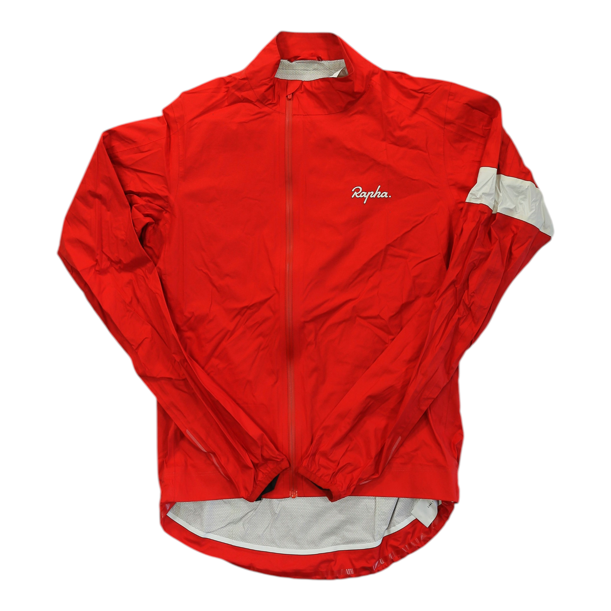 Red rain jacket with full front zipper, hoodless collar, and white side hem panel