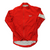 Red rain jacket with full front zipper, hoodless collar, and white side hem panel