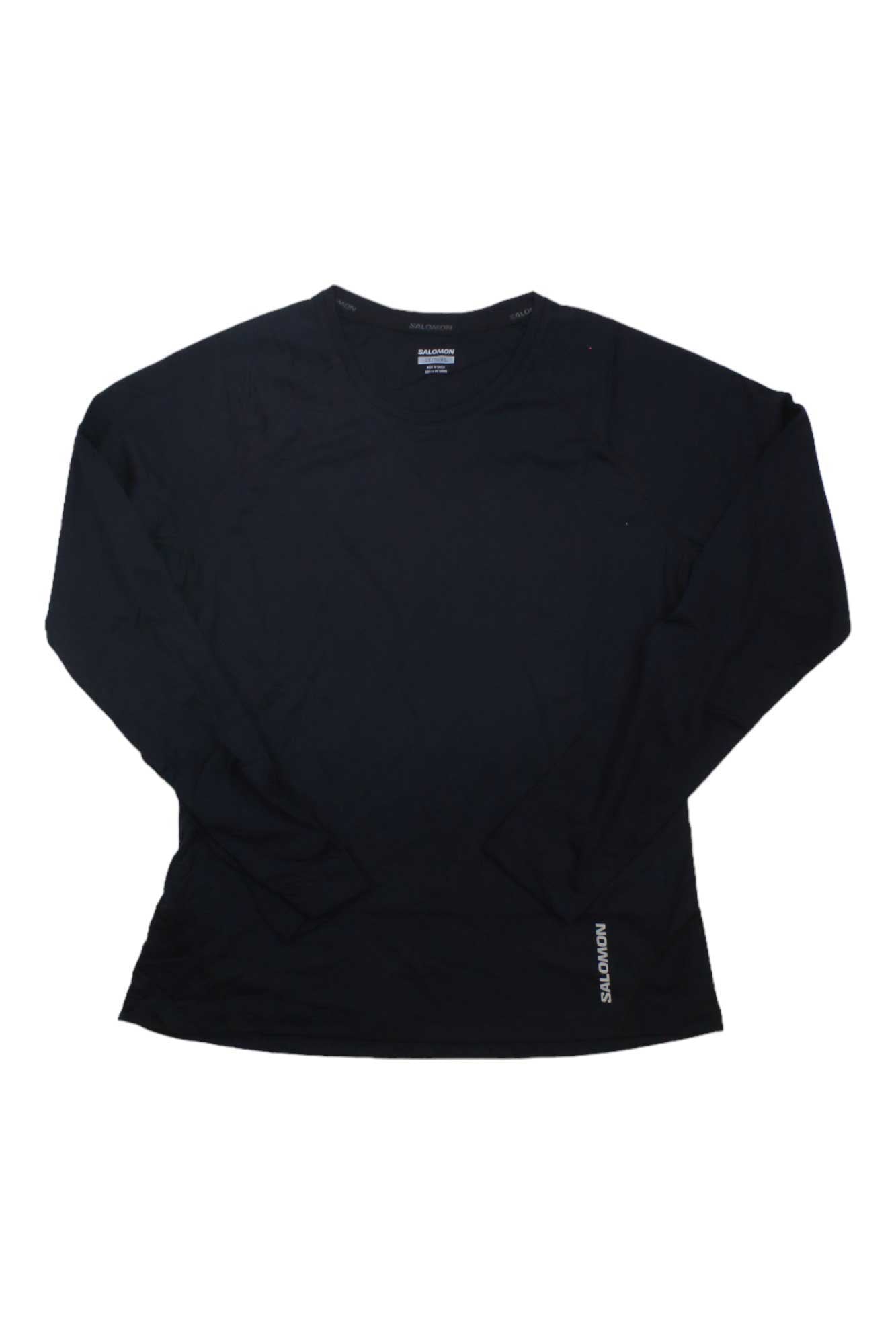 Black long-sleeve performance tee with thumbhole cuffs and small chest logo