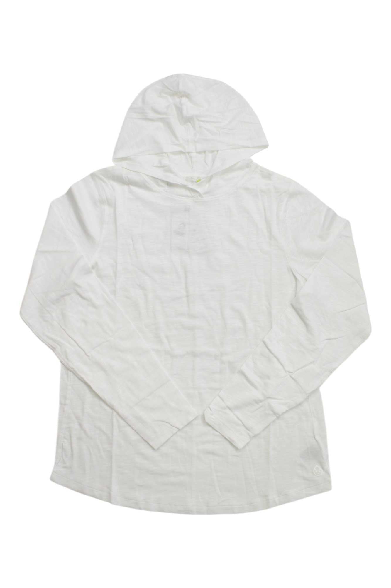 The Tasc Womens Recess Lightweight Hoodie is a plain white, long-sleeve travel hoodie made from organic cotton, shown laid flat on a white background.