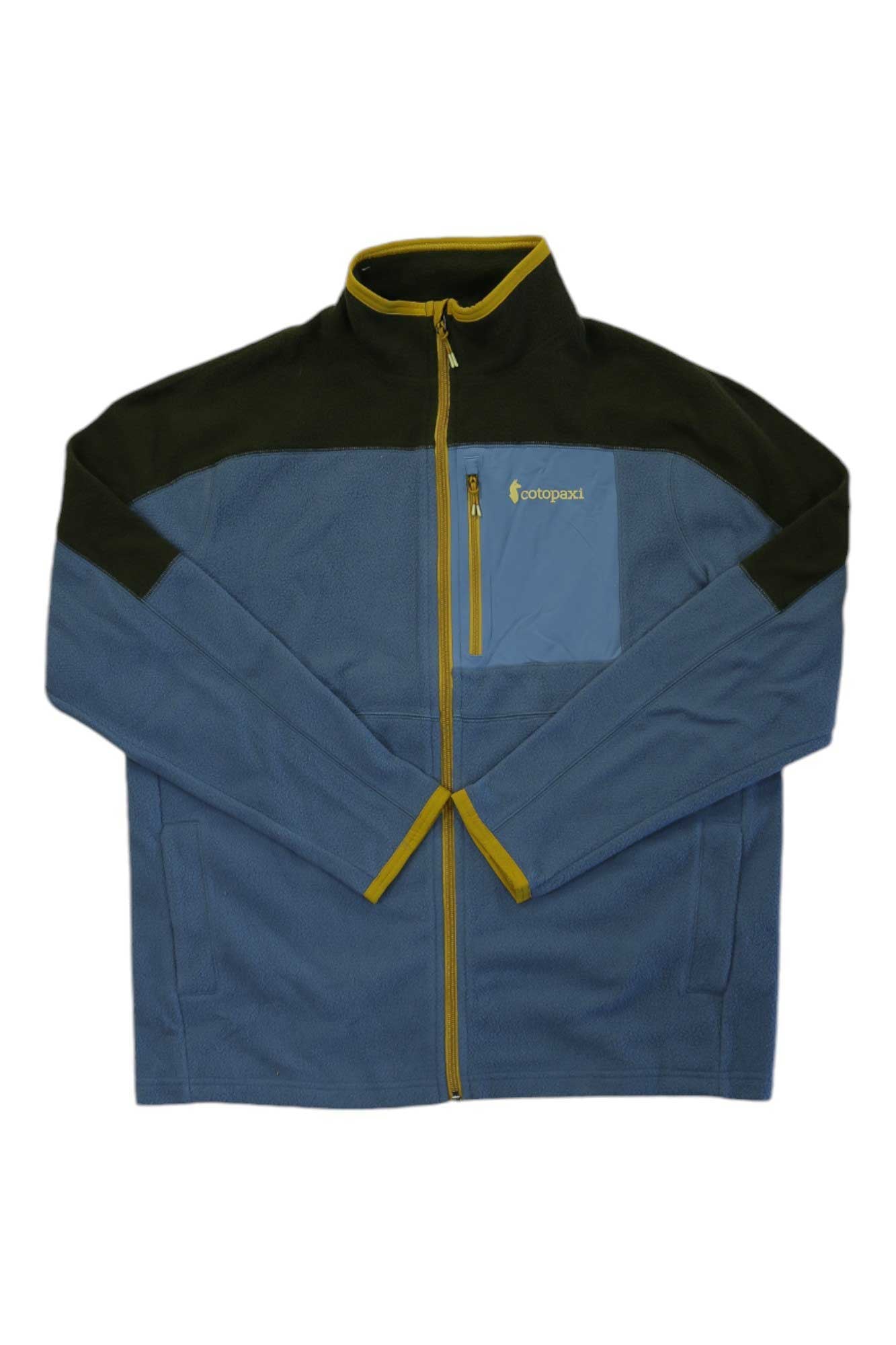 The Cotopaxi Mens Abrazo Half-Zip Fleece Jacket is a blue fleece with black shoulders, a yellow zipper, and a yellow-trimmed chest pocket. Made from recycled polyester, it features long sleeves and the Cotopaxi logo on the left chest.