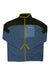 The Cotopaxi Mens Abrazo Half-Zip Fleece Jacket is a blue fleece with black shoulders, a yellow zipper, and a yellow-trimmed chest pocket. Made from recycled polyester, it features long sleeves and the Cotopaxi logo on the left chest.