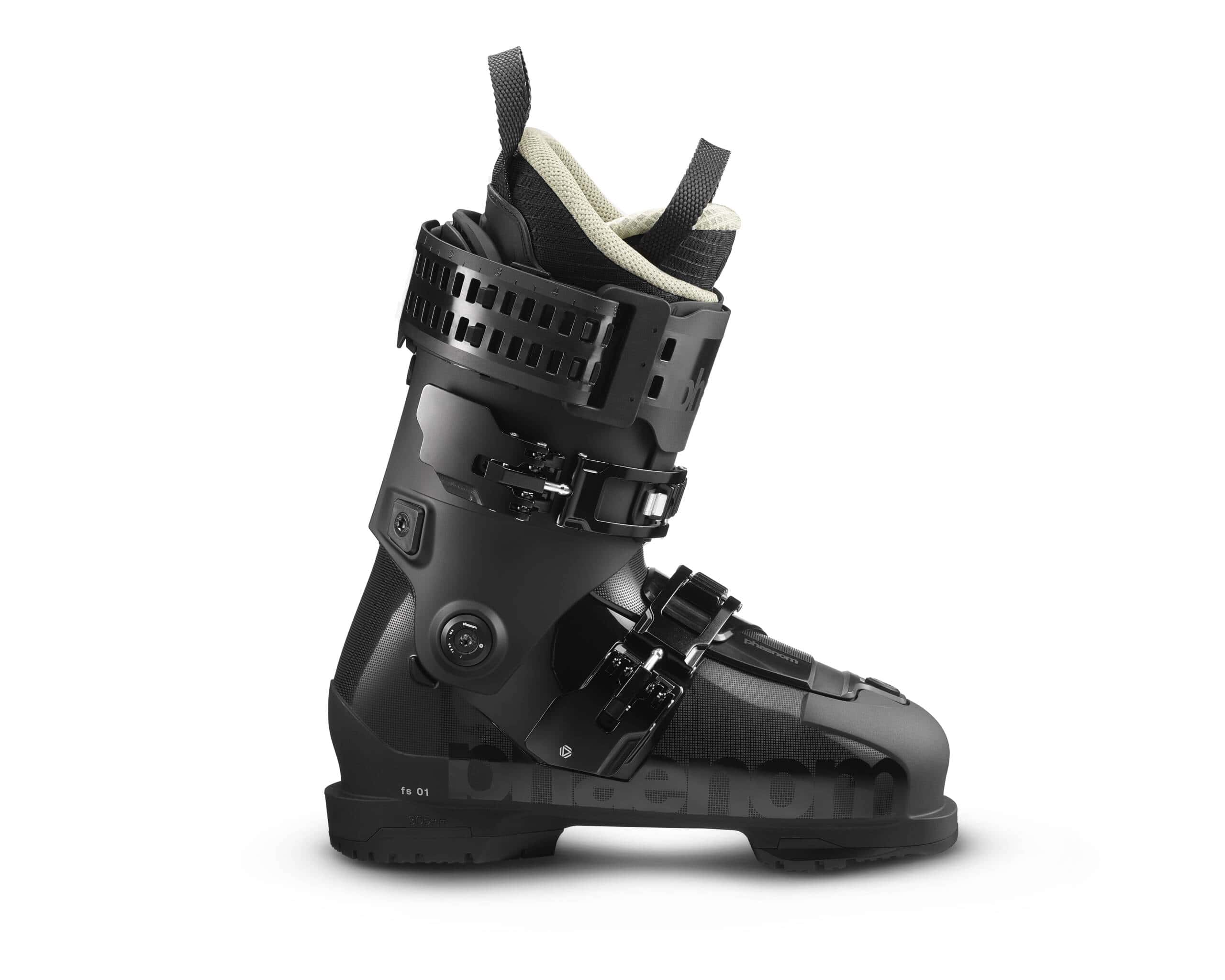 The Phaenom FS 01 120 Ski Boot by Phaenom is a black all-mountain freeski boot featuring two adjustable buckles, a padded light-colored liner for optimal power transmission, shown in profile against a white background.