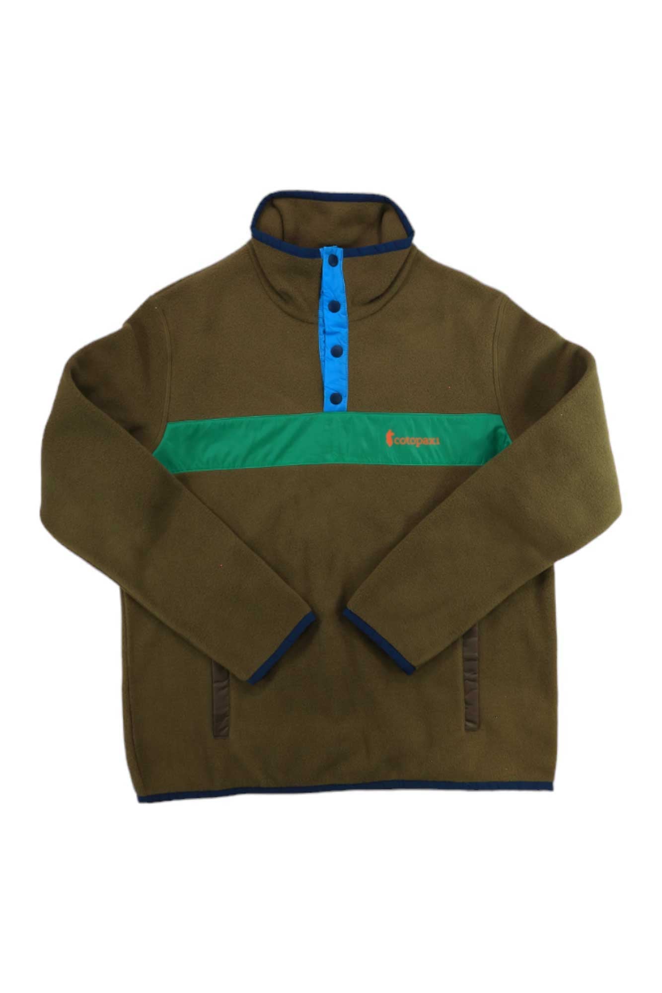 The Cotopaxi Men's Teca Fleece Pullover is an olive green recycled polyester fleece with a blue snap-button placket, green chest stripe, orange logo, long sleeves, and a stand-up collar for cozy casual style.