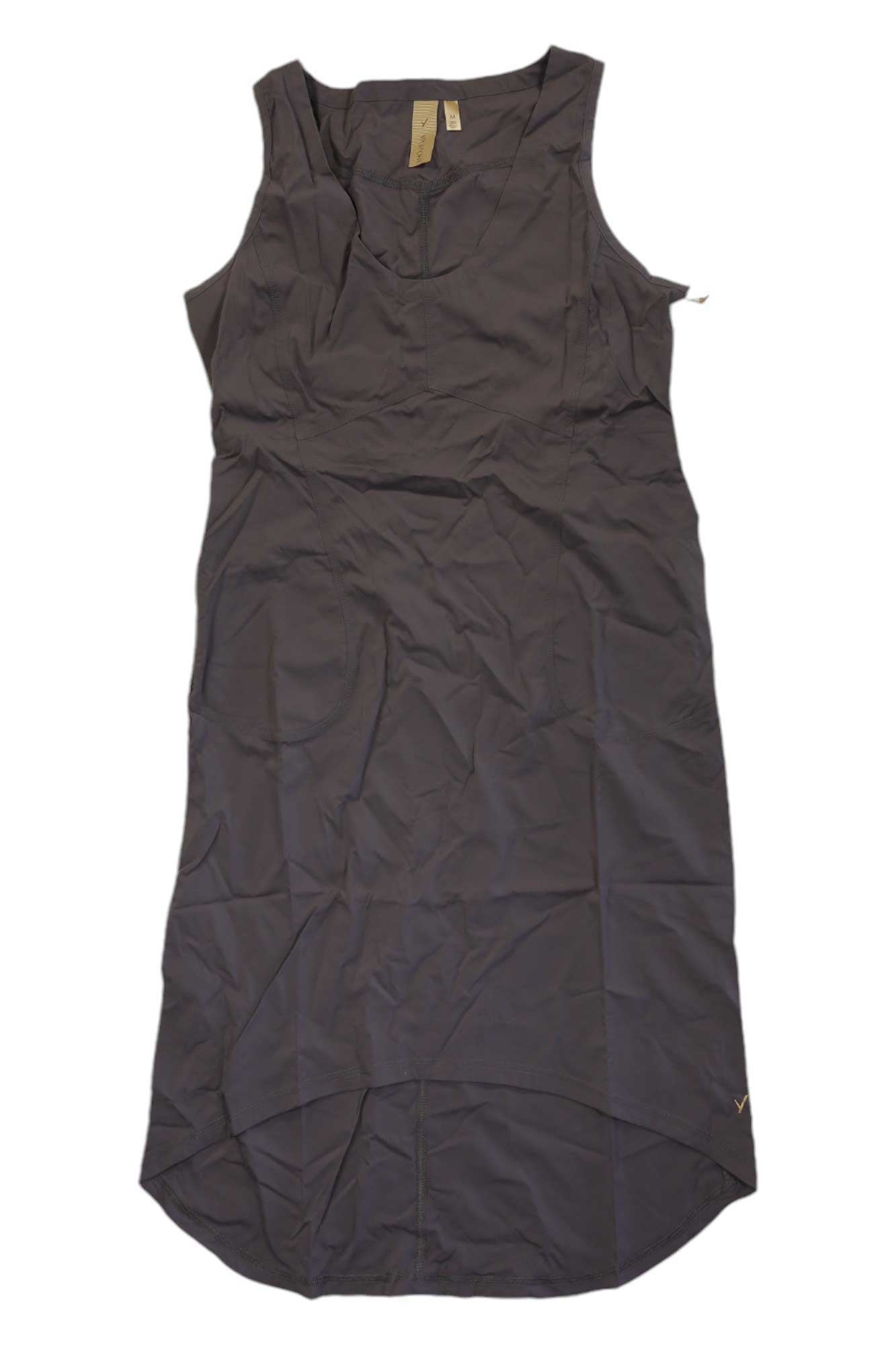 The Indyeva Womens Liike Long II Dress is a sleeveless, knee-length black hiking dress with a subtle high-low hem, moisture-wicking fabric, and a fitted design for comfortable outdoor wear. Displayed flat on a white background.