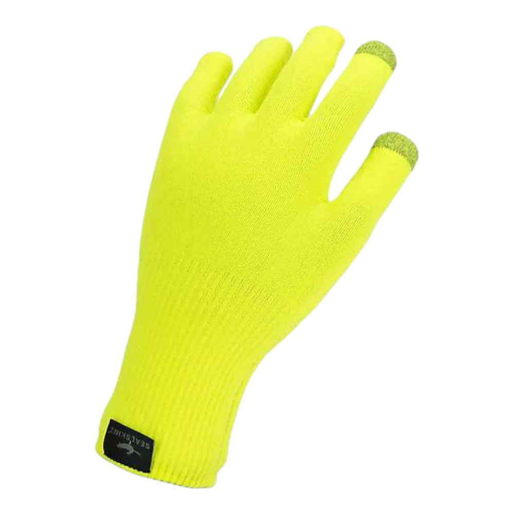 The SealSkinz Anmer Glove by SealSkinz is a vibrant yellow knit glove featuring breathable insulation and touchscreen-compatible tips on the thumb and index finger, shown against a white background—ideal as outdoor gloves.