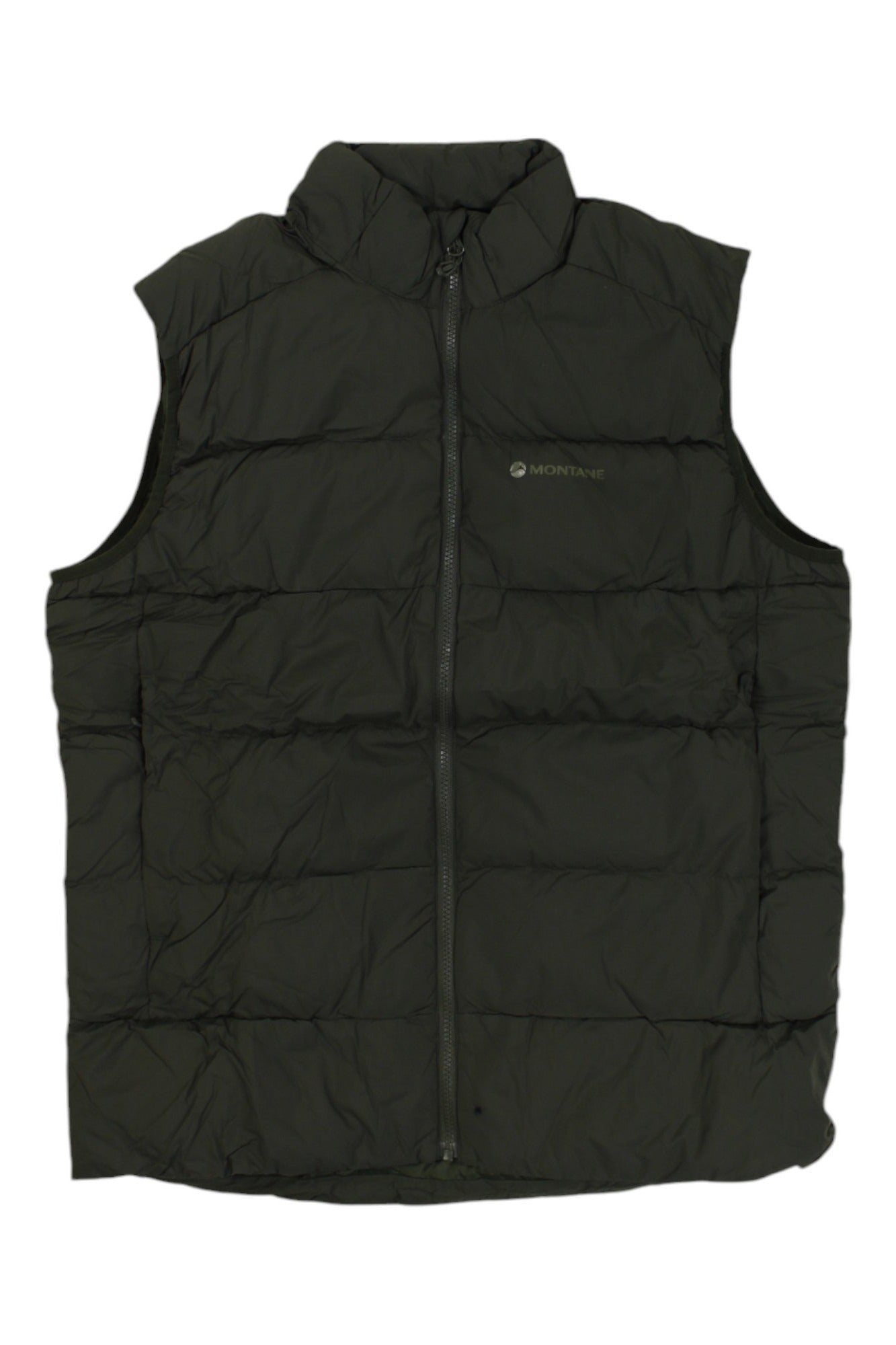The Montane Mens Tundra Gilet is a black, sleeveless down-insulated vest with a front zipper, high collar, and quilted design for optimal warmth.